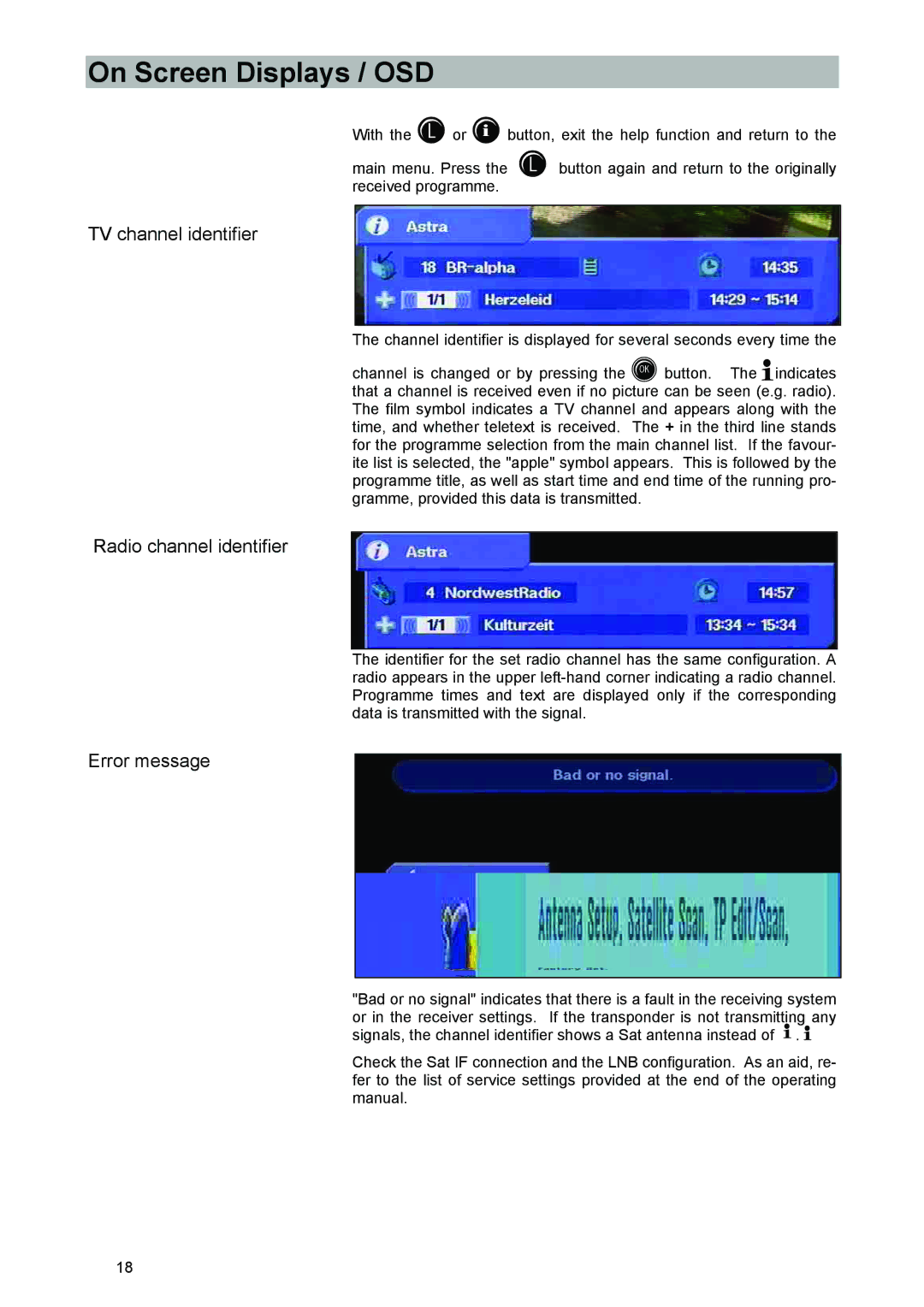 Kathrein UFD 540 manual TV channel identifier, Radio channel identifier, Error message 