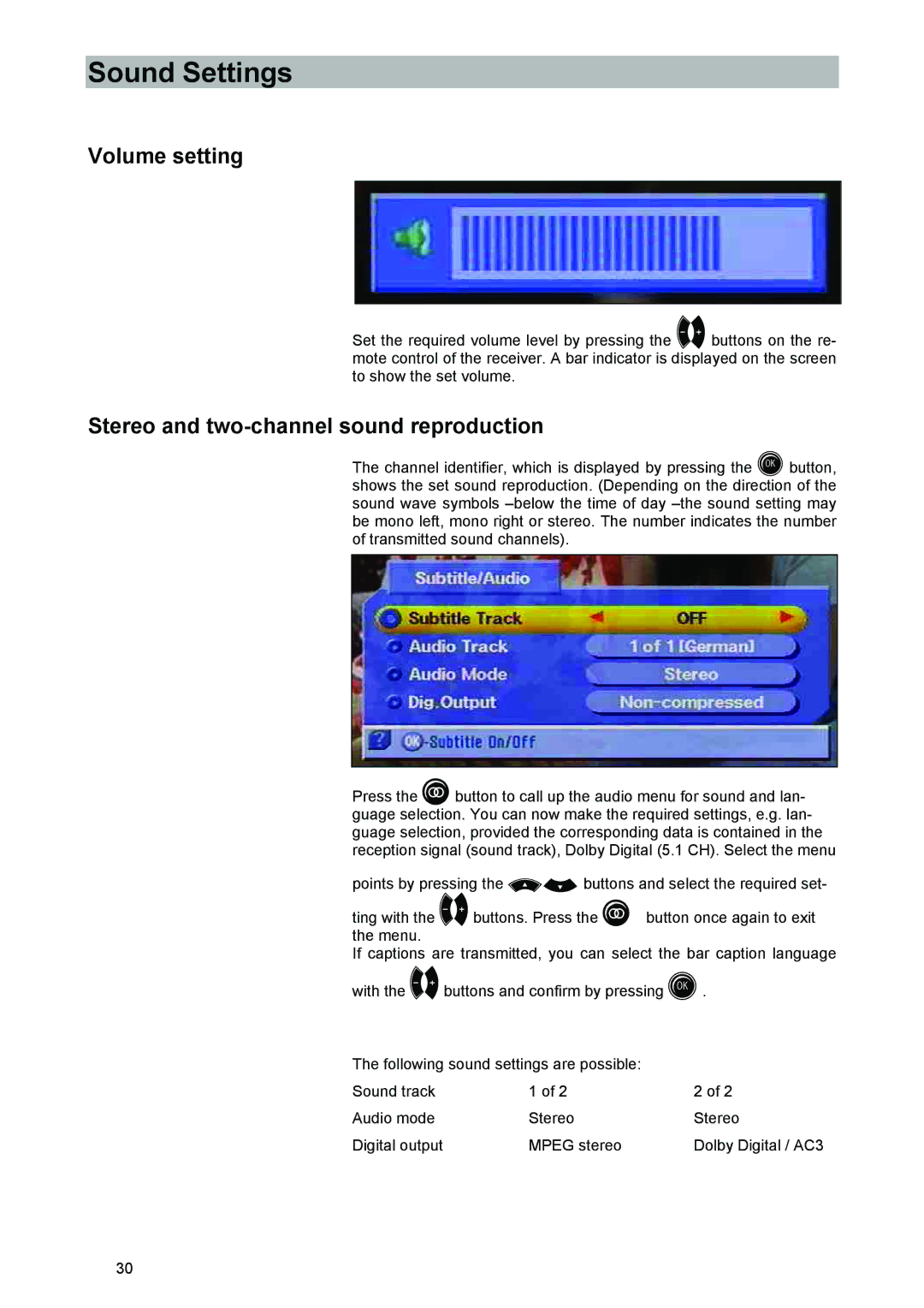 Kathrein UFD 540 manual Sound Settings, Volume setting, Stereo and two-channel sound reproduction 