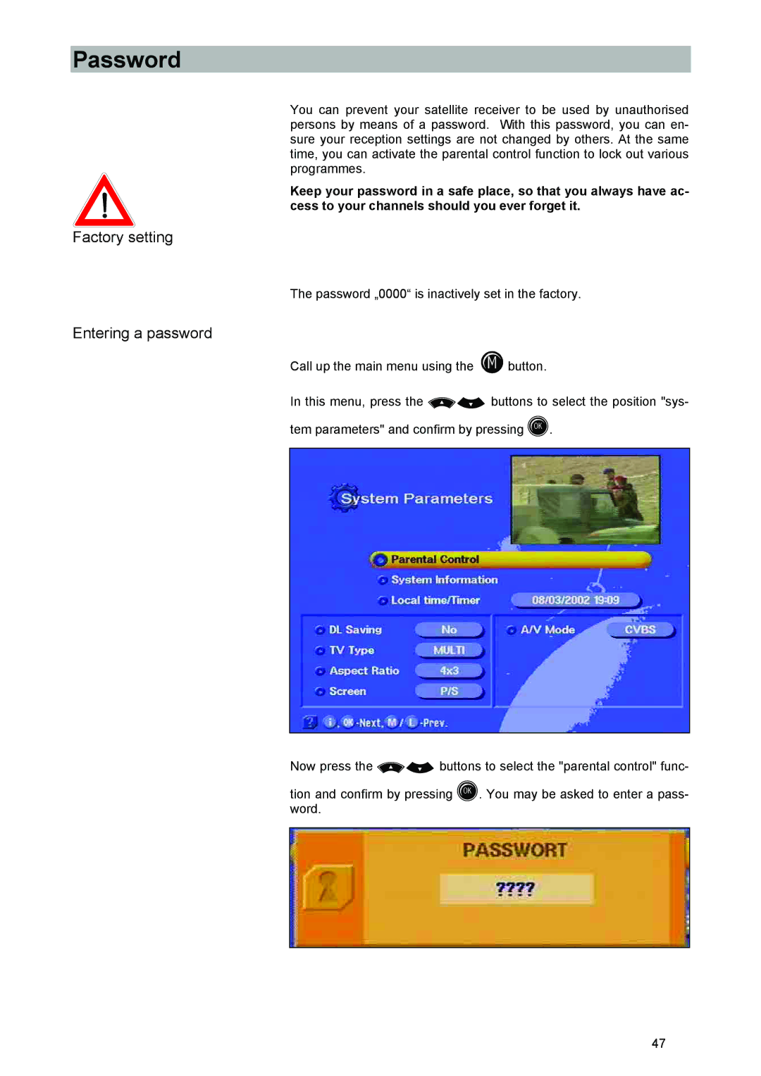 Kathrein UFD 540 manual Password, Factory setting, Entering a password 