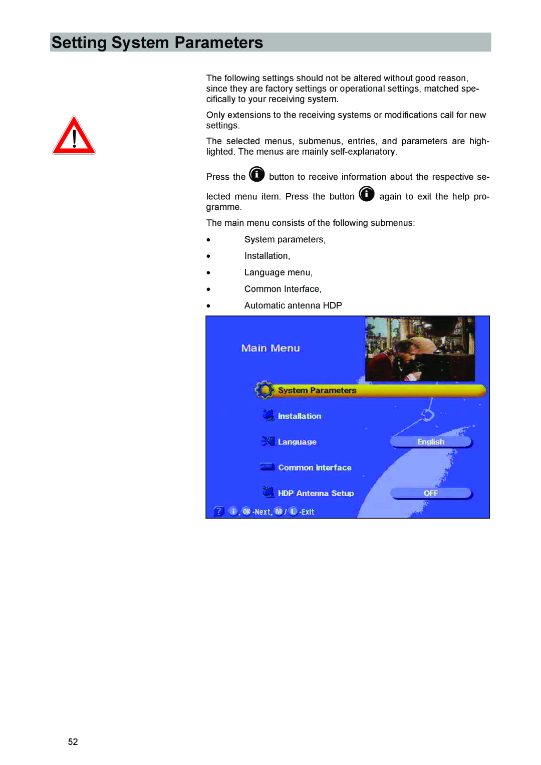 Kathrein UFD 540 manual Setting System Parameters 