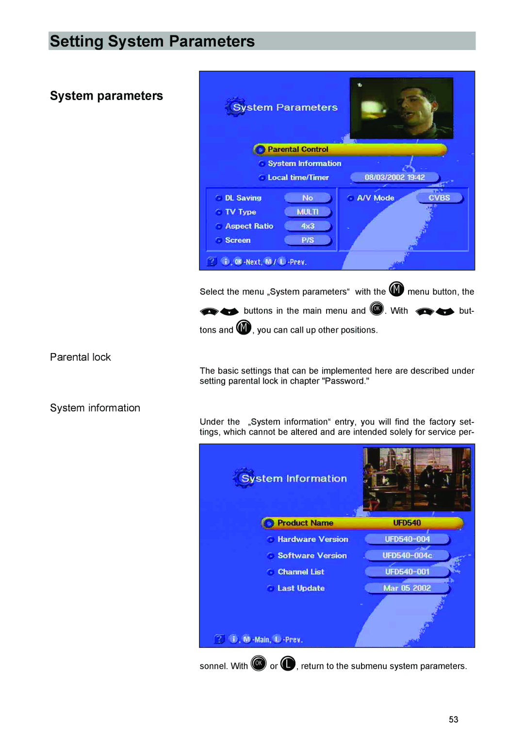 Kathrein UFD 540 manual System parameters, System information 