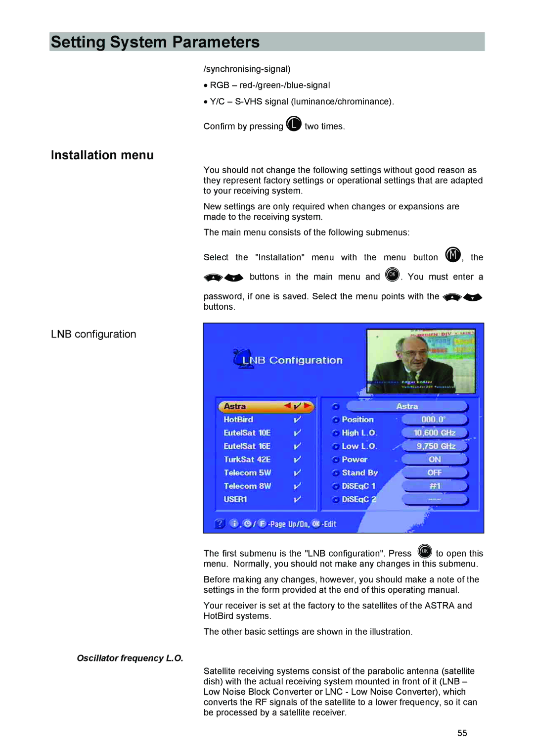 Kathrein UFD 540 manual Installation menu, LNB configuration 