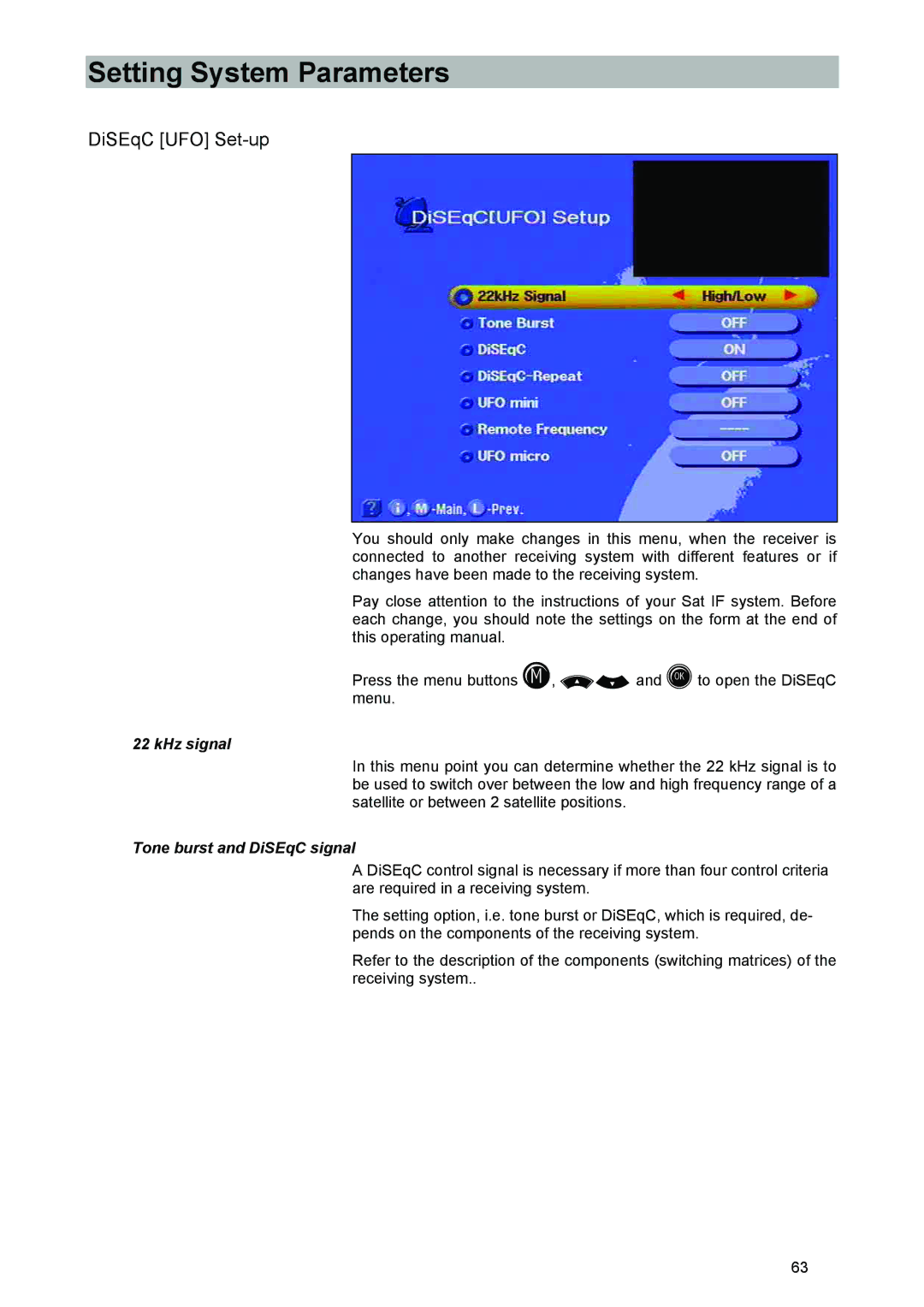 Kathrein UFD 540 manual DiSEqC UFO Set-up, KHz signal 