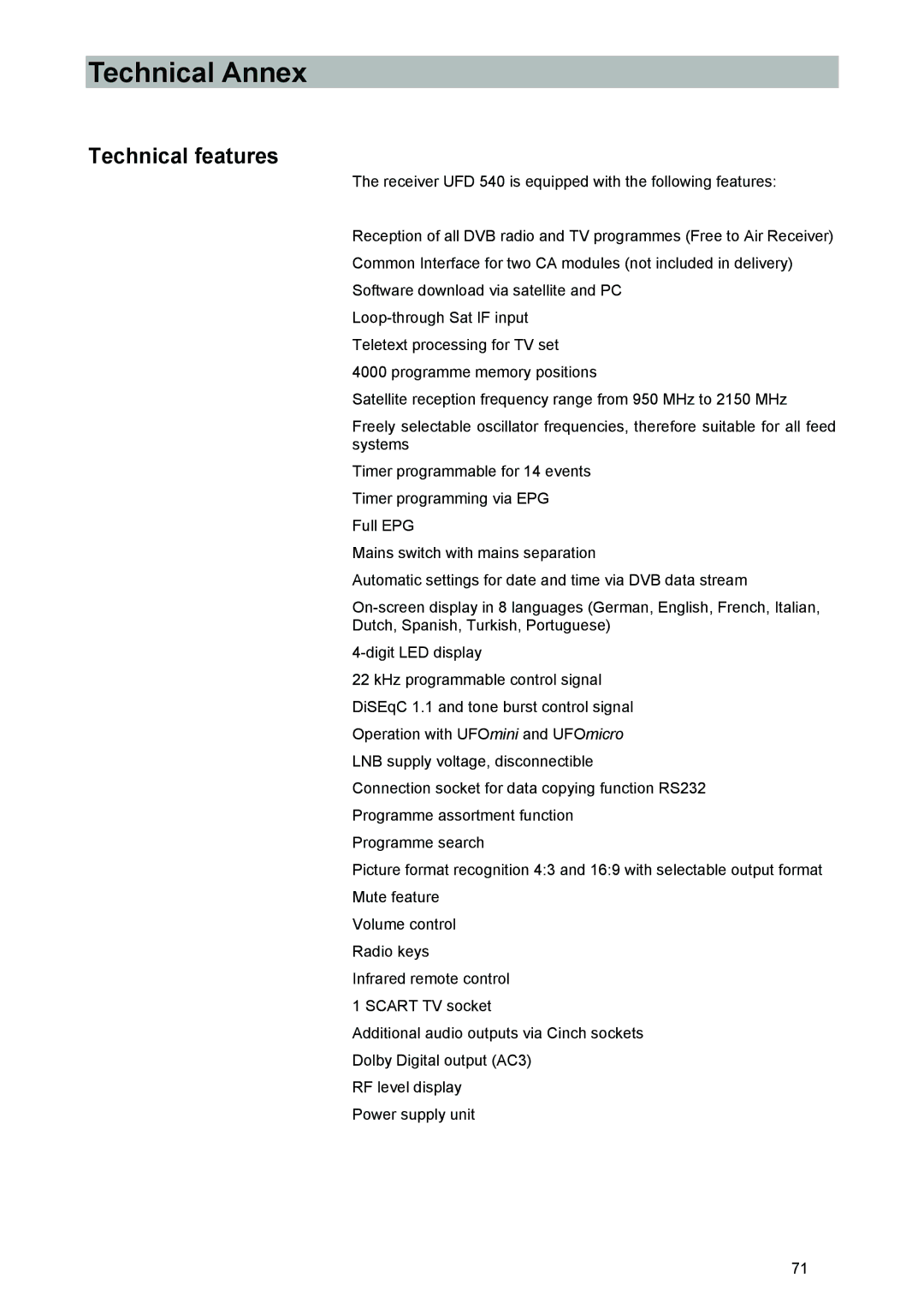 Kathrein UFD 540 manual Technical Annex, Technical features 