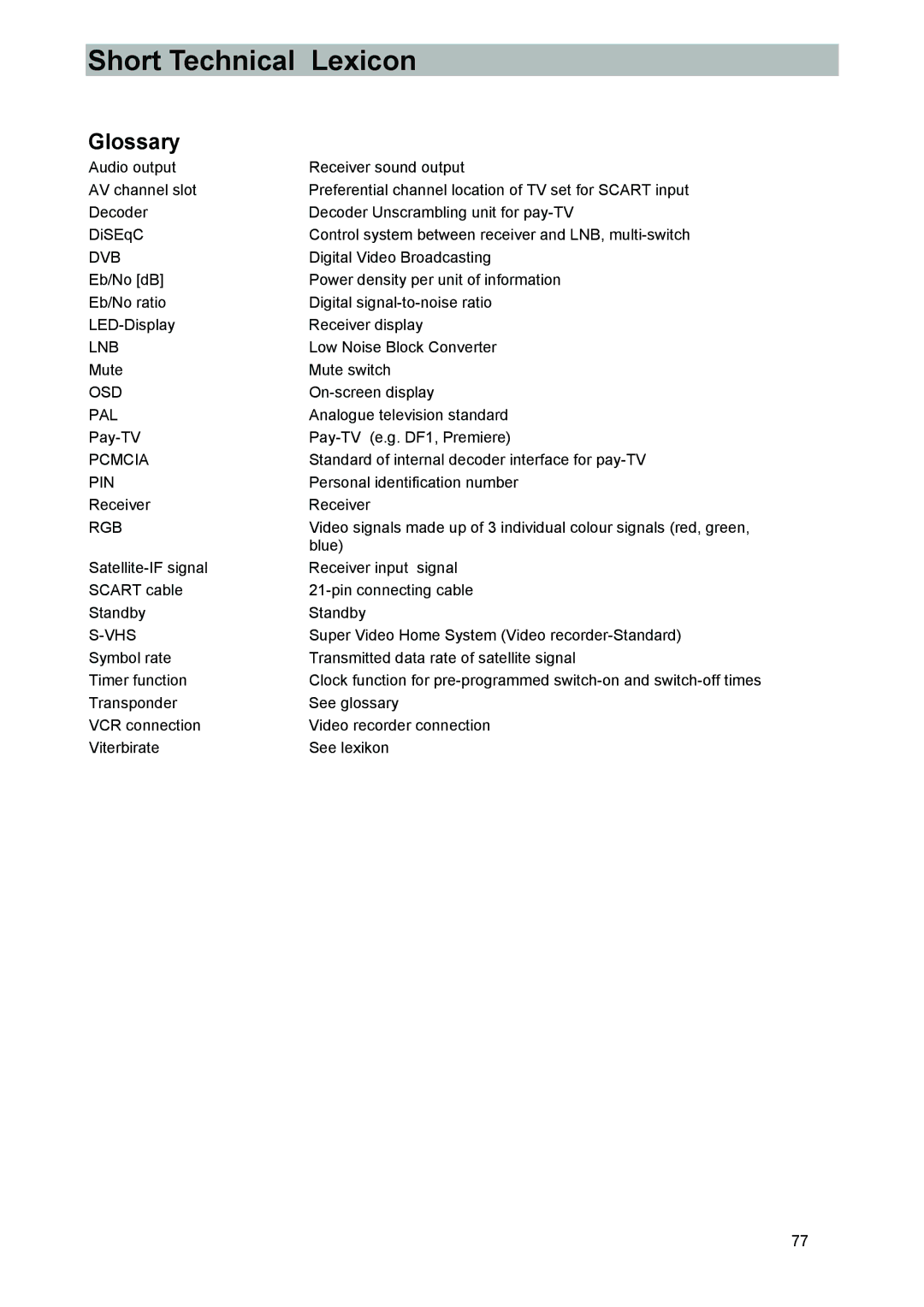 Kathrein UFD 540 manual Glossary, Dvb 