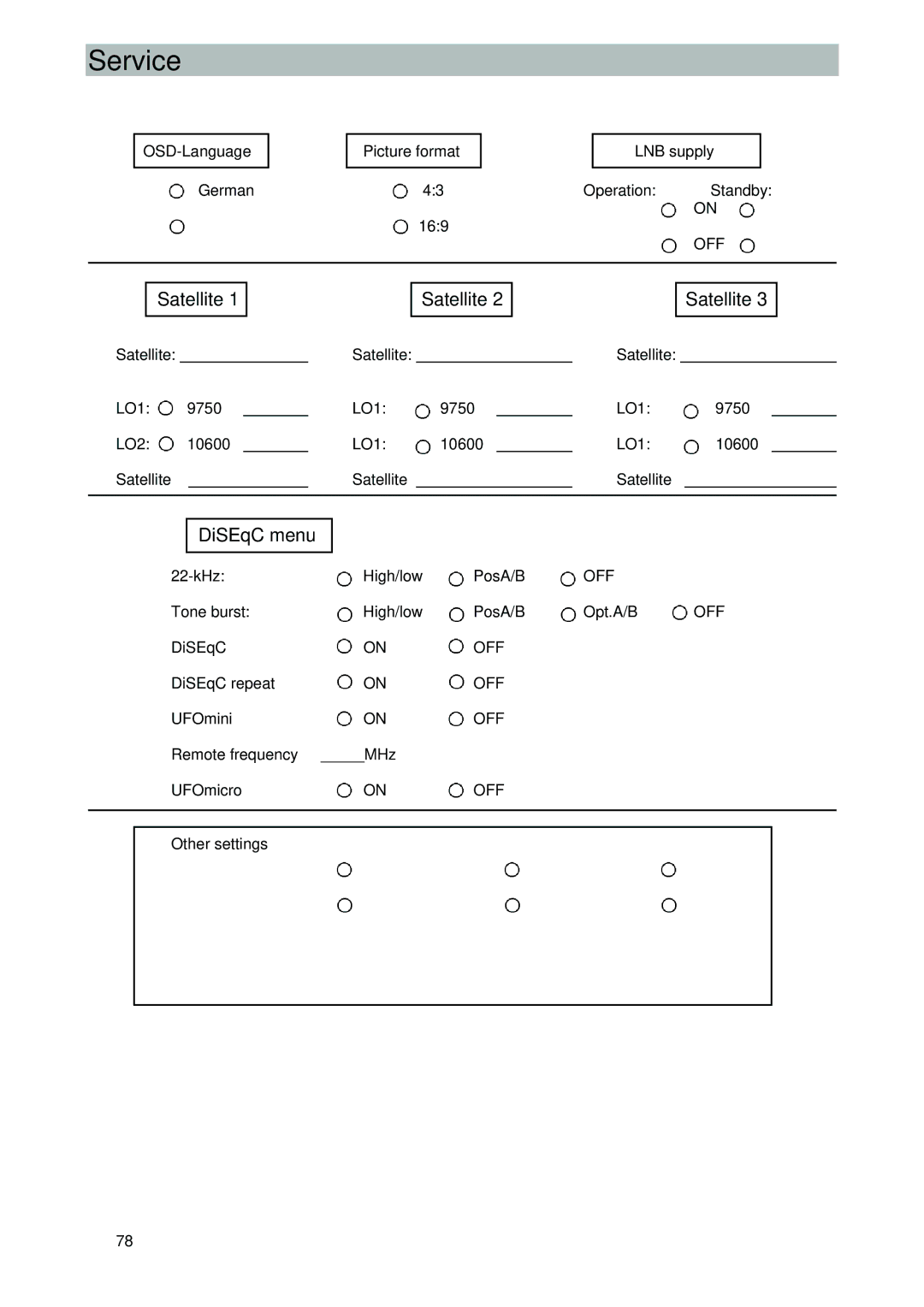 Kathrein UFD 540 manual Service, Satellite, DiSEqC menu 