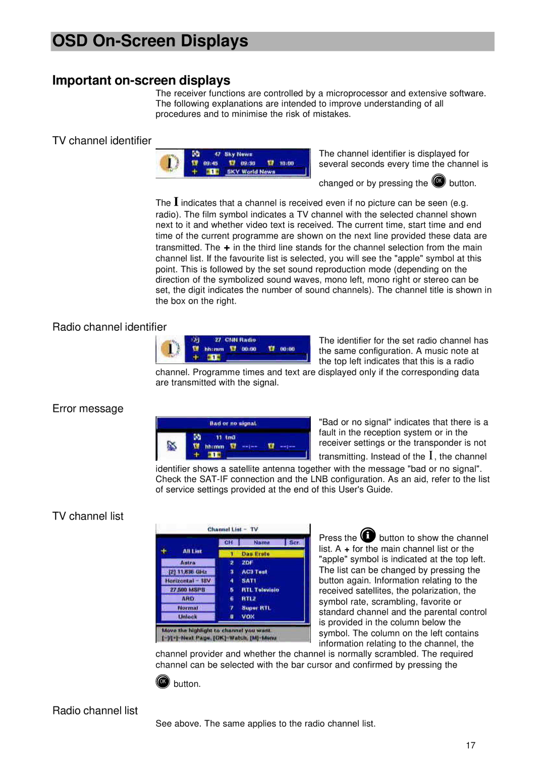 Kathrein UFD 545 manual OSD On-Screen Displays, Important on-screen displays 