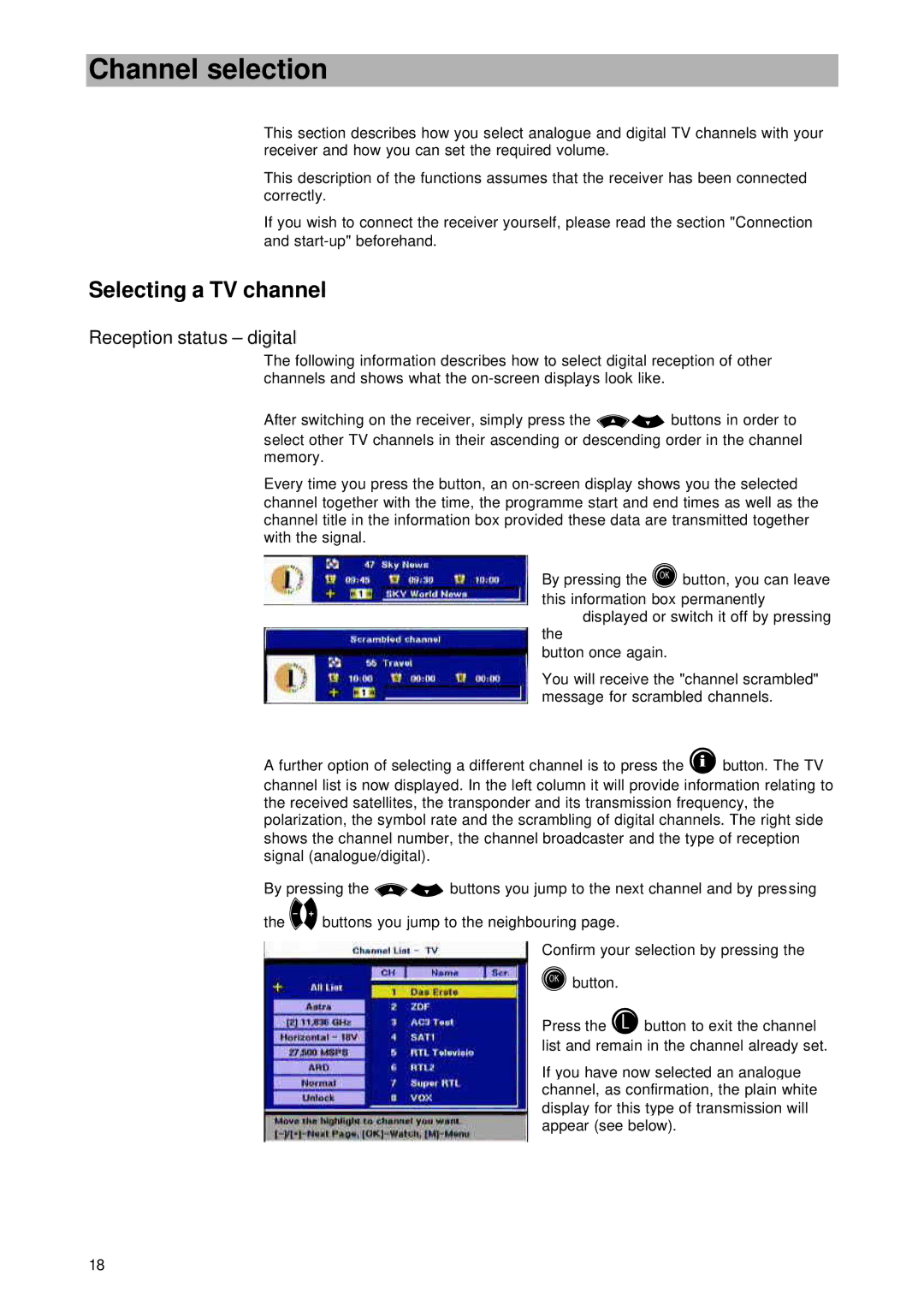 Kathrein UFD 545 manual Channel selection, Selecting a TV channel, Reception status digital 