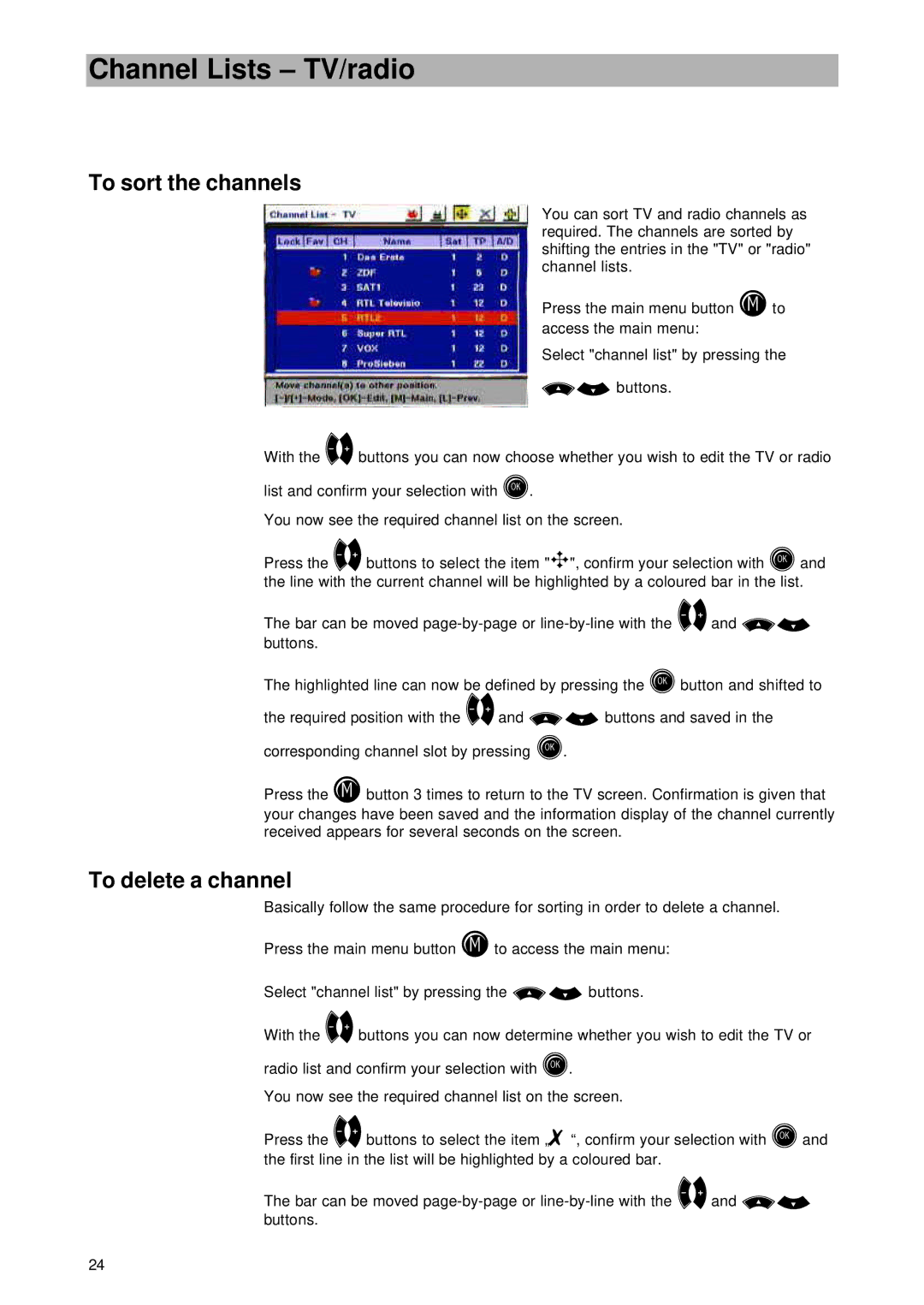 Kathrein UFD 545 manual To sort the channels, To delete a channel 