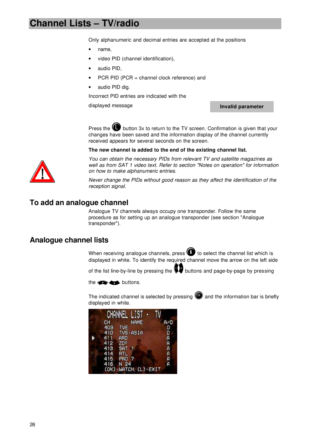 Kathrein UFD 545 manual To add an analogue channel, Analogue channel lists 