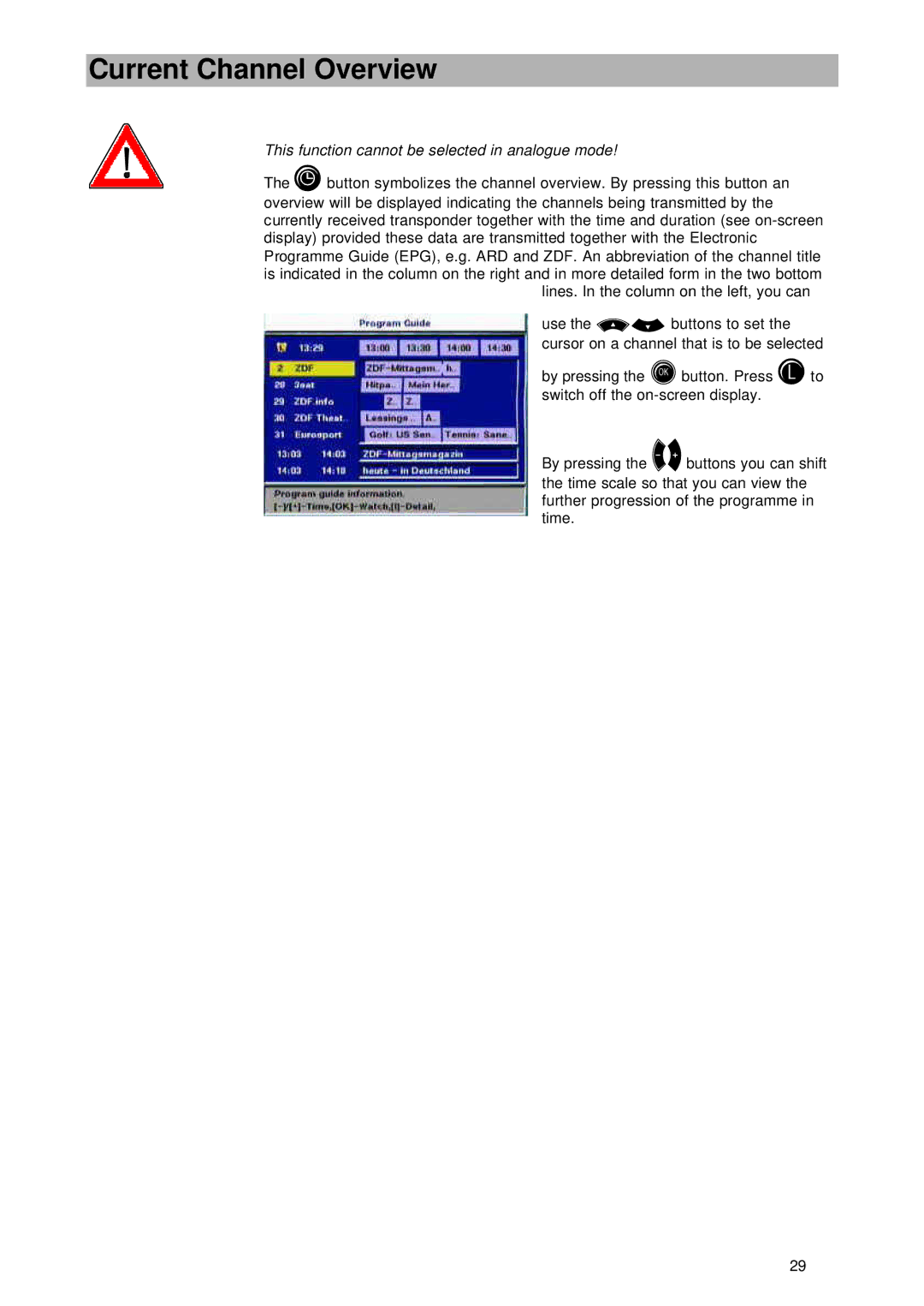 Kathrein UFD 545 manual Current Channel Overview, This function cannot be selected in analogue mode 