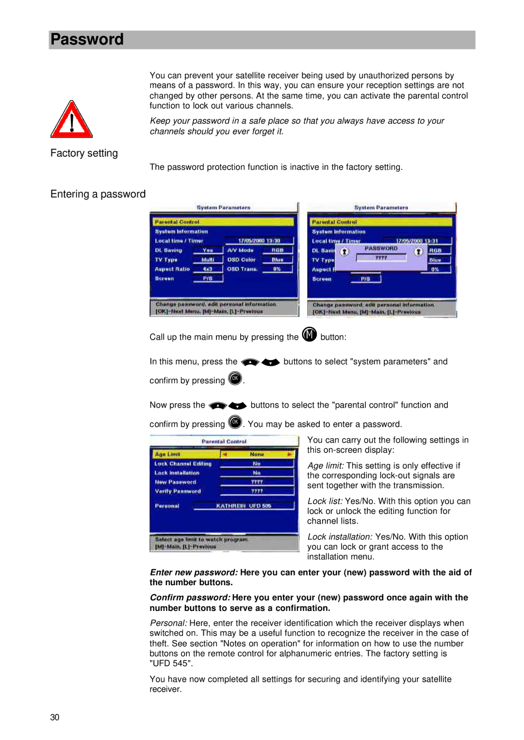 Kathrein UFD 545 manual Password, Factory setting, Entering a password 