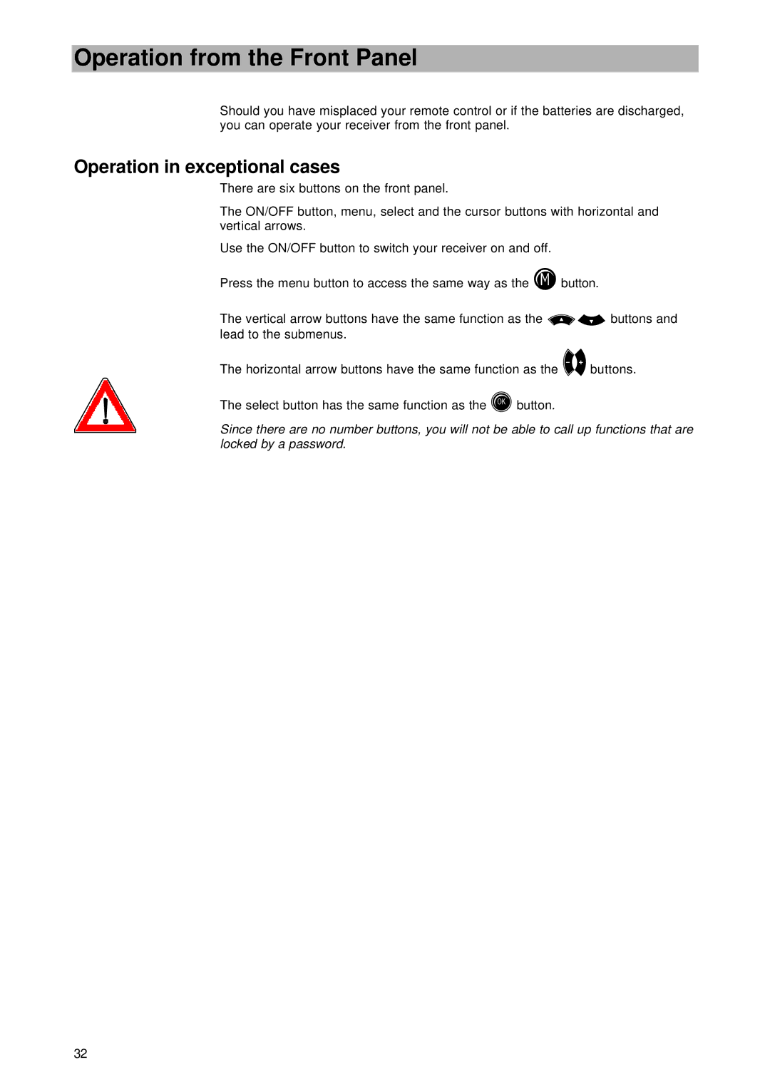 Kathrein UFD 545 manual Operation from the Front Panel, Operation in exceptional cases 