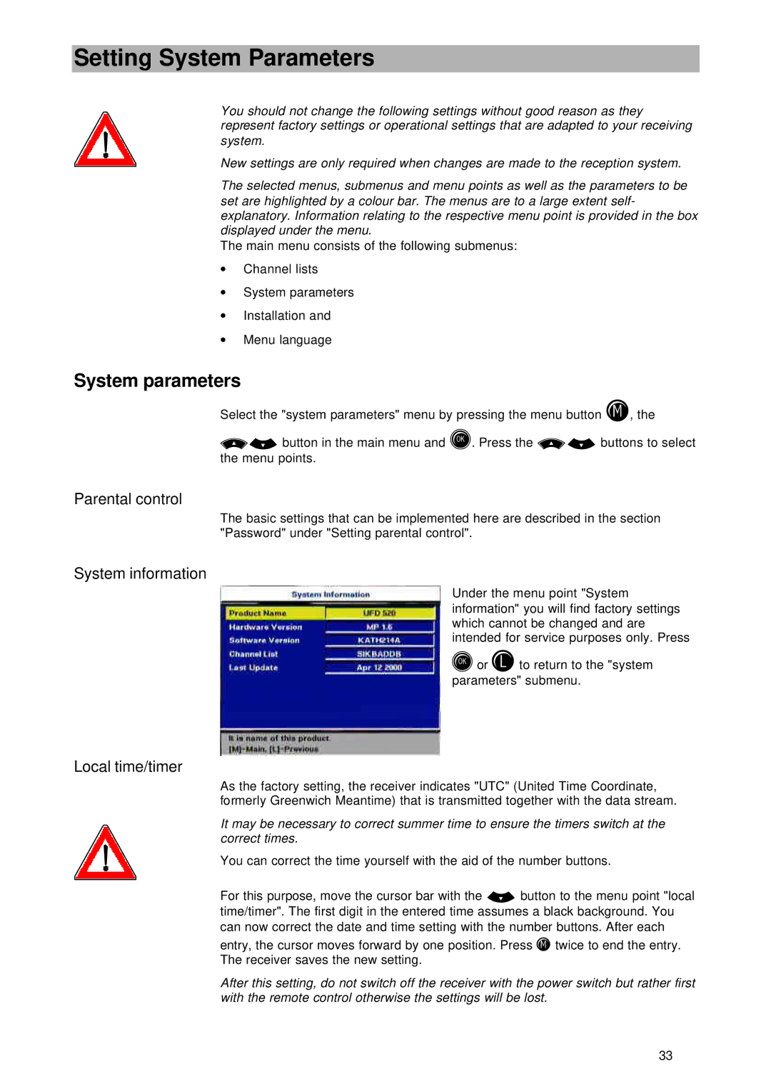 Kathrein UFD 545 Setting System Parameters, System parameters, Parental control, System information, Local time/timer 