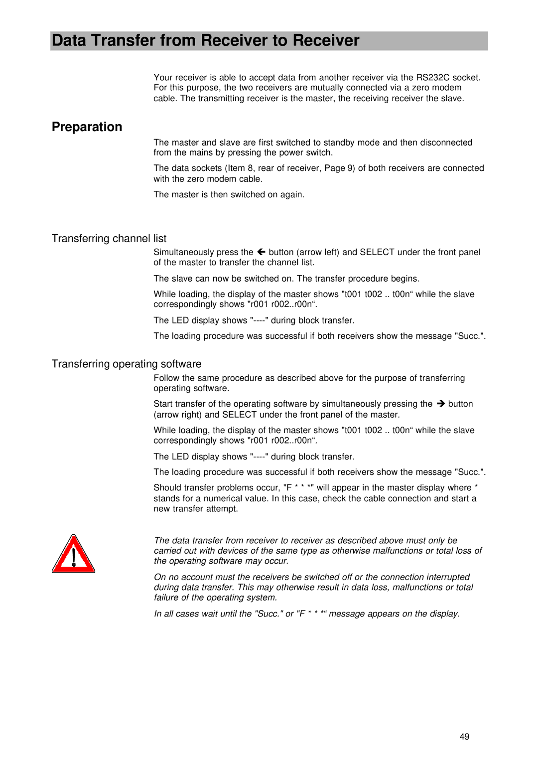 Kathrein UFD 545 manual Data Transfer from Receiver to Receiver, Preparation, Transferring channel list 