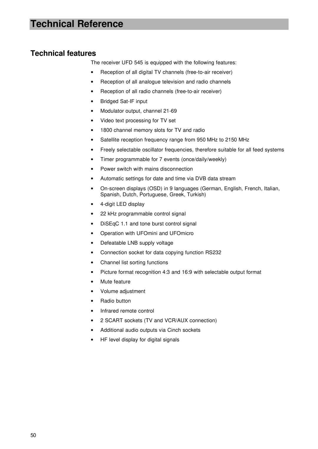 Kathrein UFD 545 manual Technical Reference, Technical features 