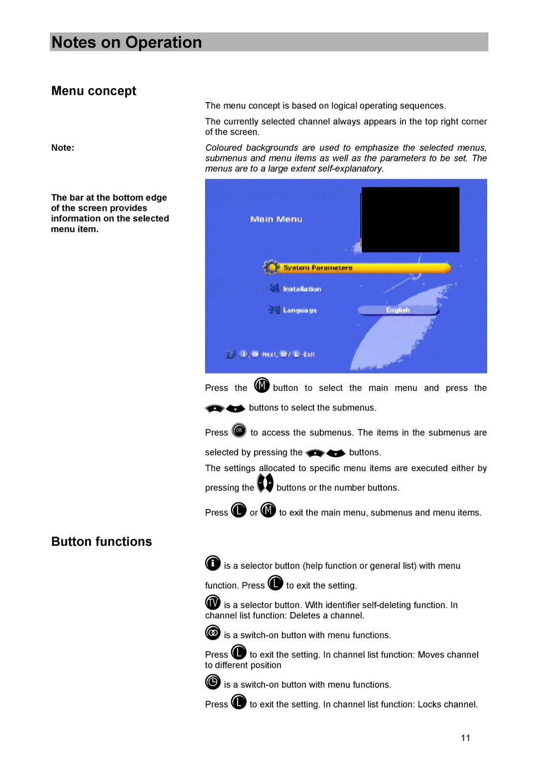 Kathrein UFD 570/S manual Menu concept, Button functions 