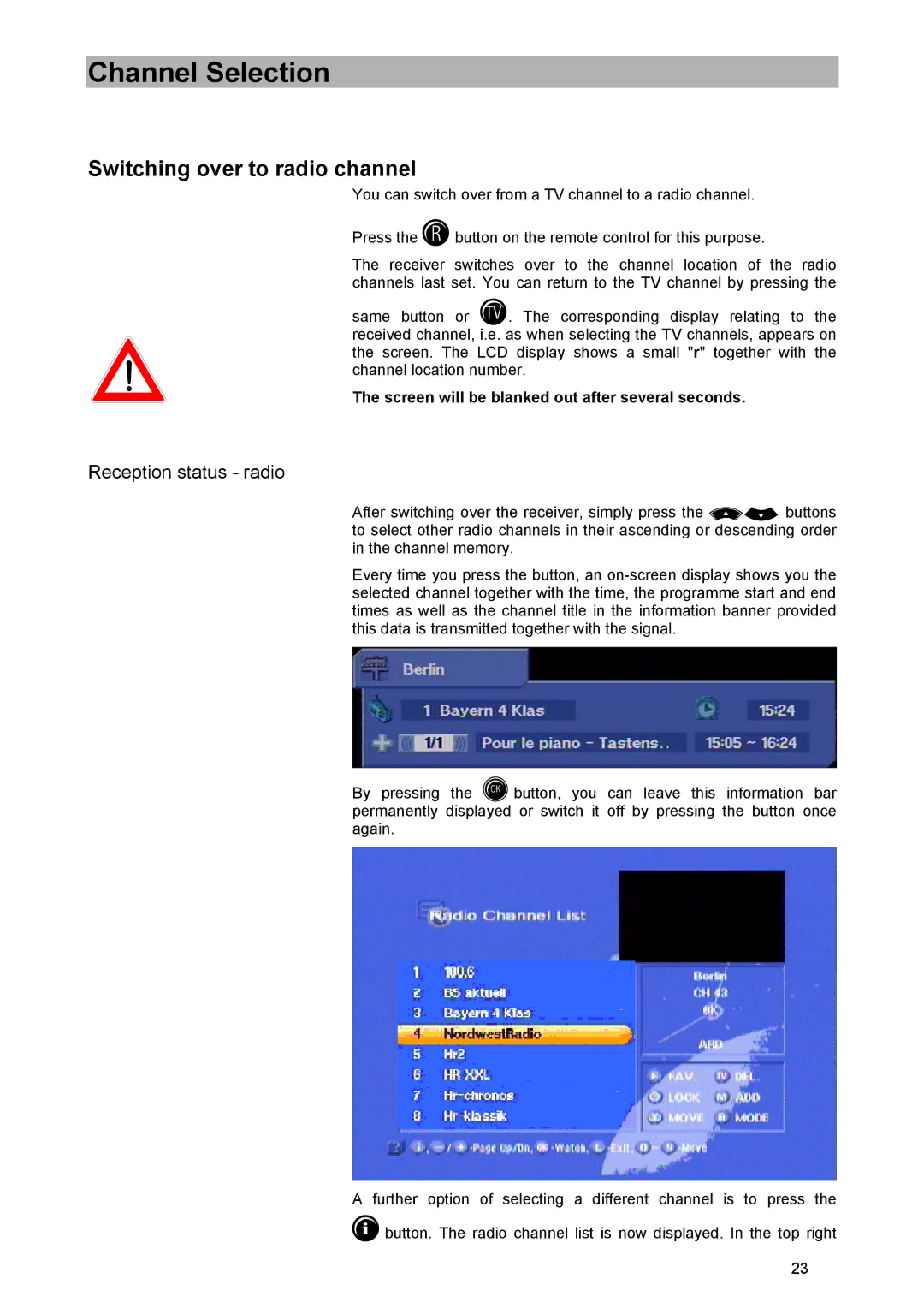 Kathrein UFD 570/S manual Switching over to radio channel, Reception status radio 