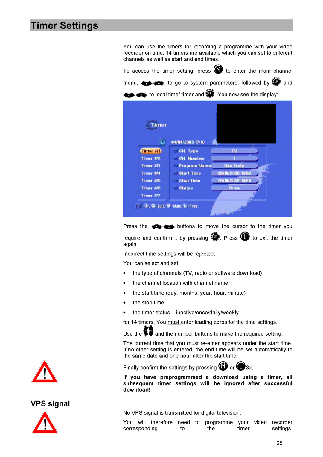 Kathrein UFD 570/S manual Timer Settings, VPS signal 