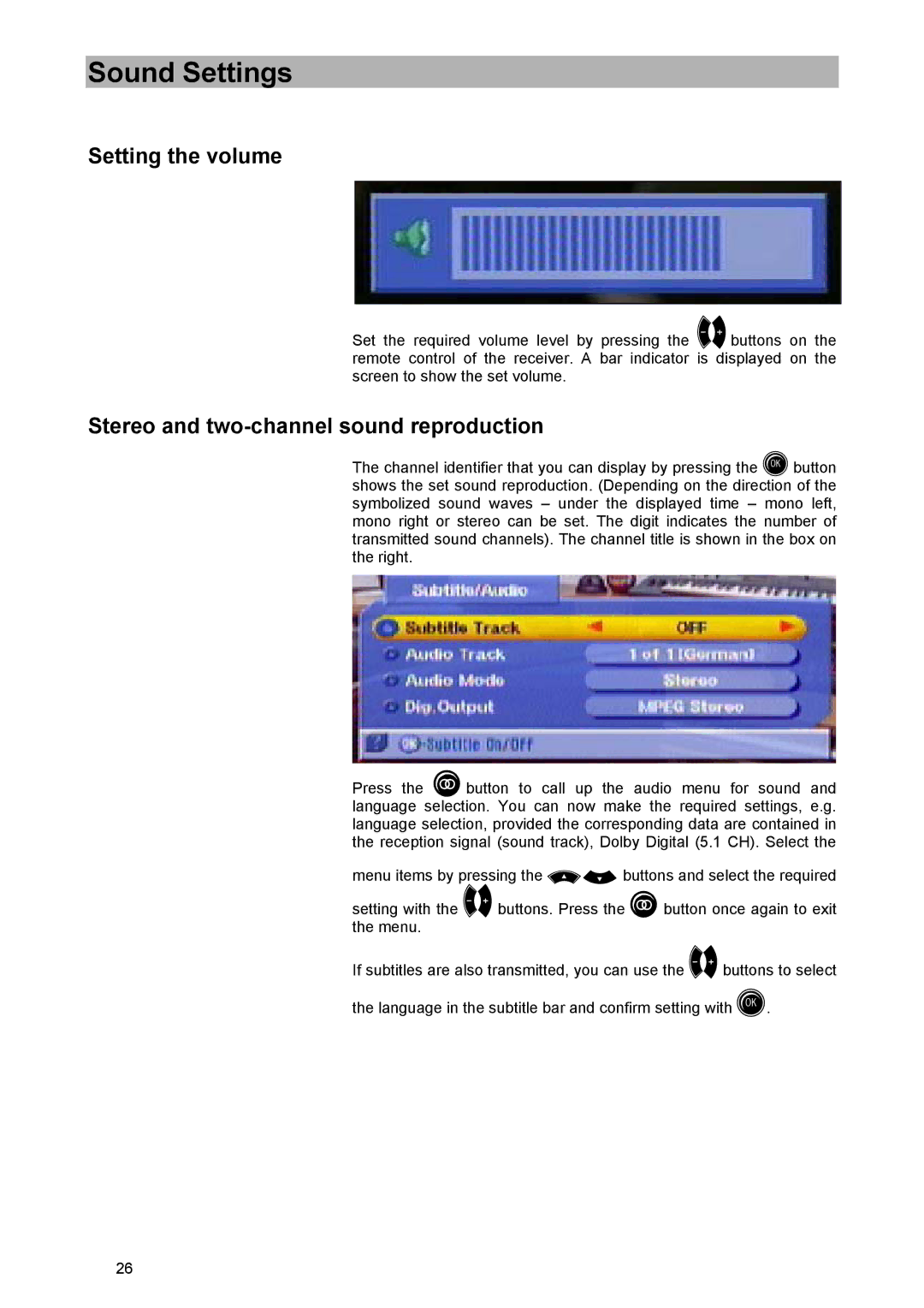 Kathrein UFD 570/S manual Sound Settings, Setting the volume, Stereo and two-channel sound reproduction 