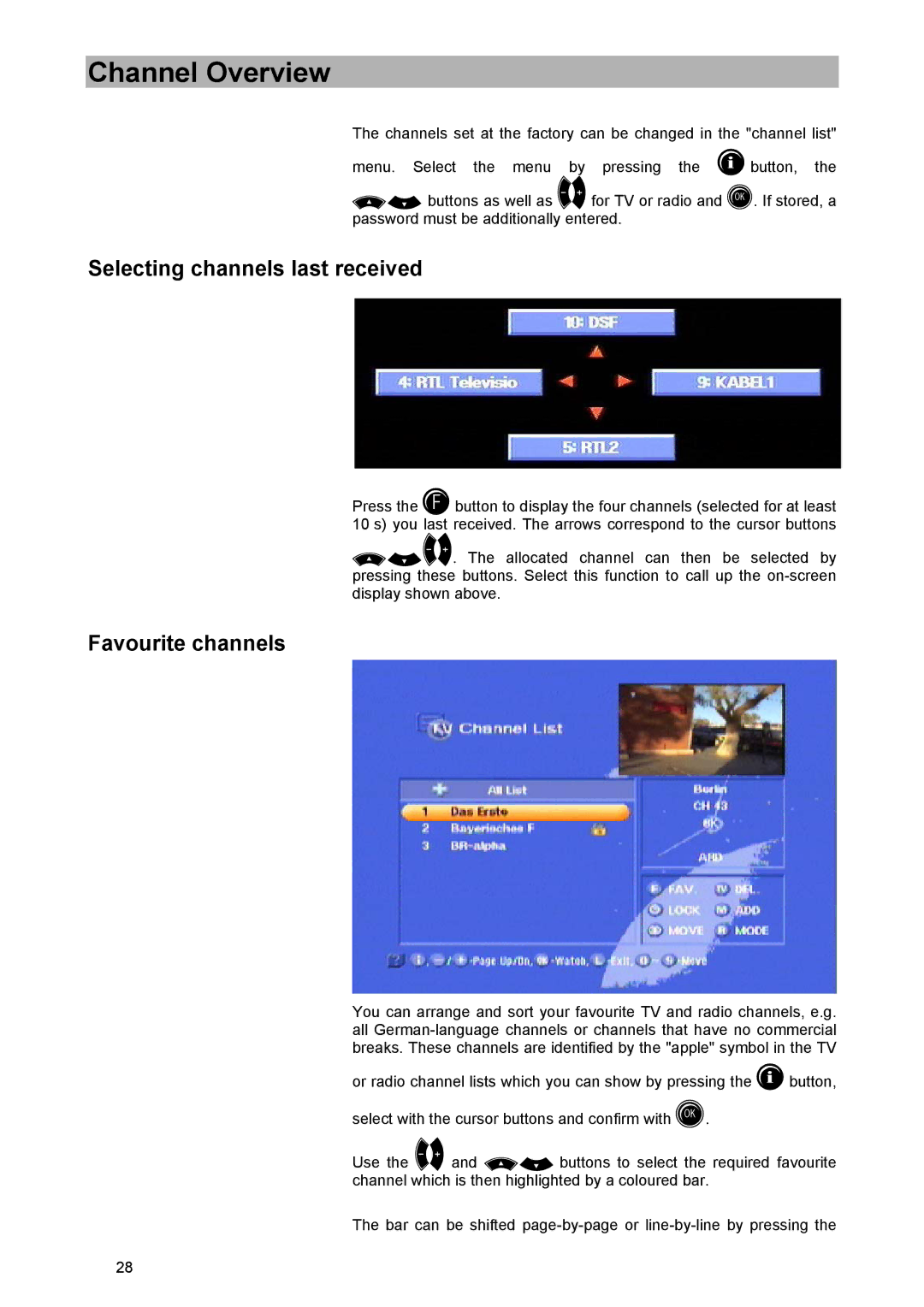 Kathrein UFD 570/S manual Channel Overview, Selecting channels last received, Favourite channels 