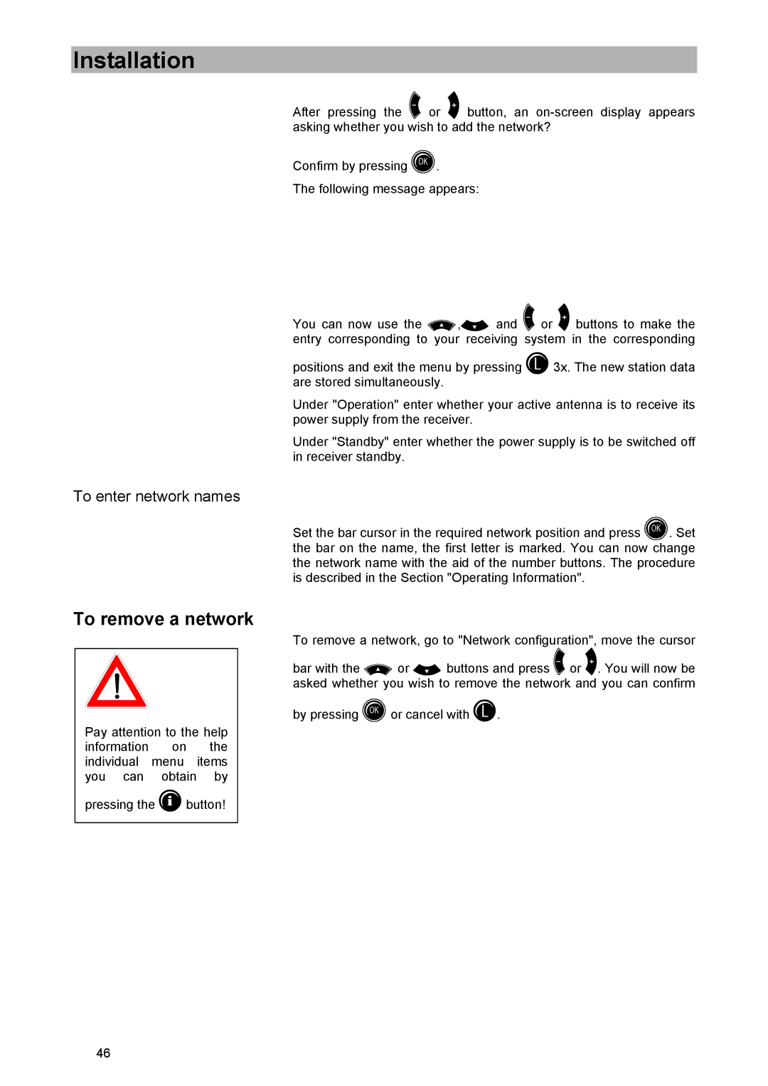 Kathrein UFD 570/S manual To remove a network, To enter network names 