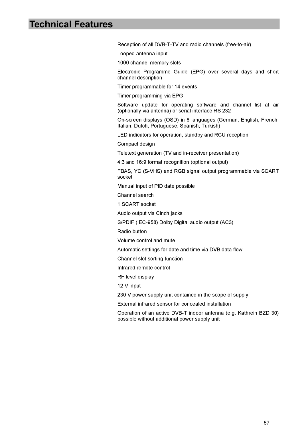 Kathrein UFD 570/S manual Technical Features 