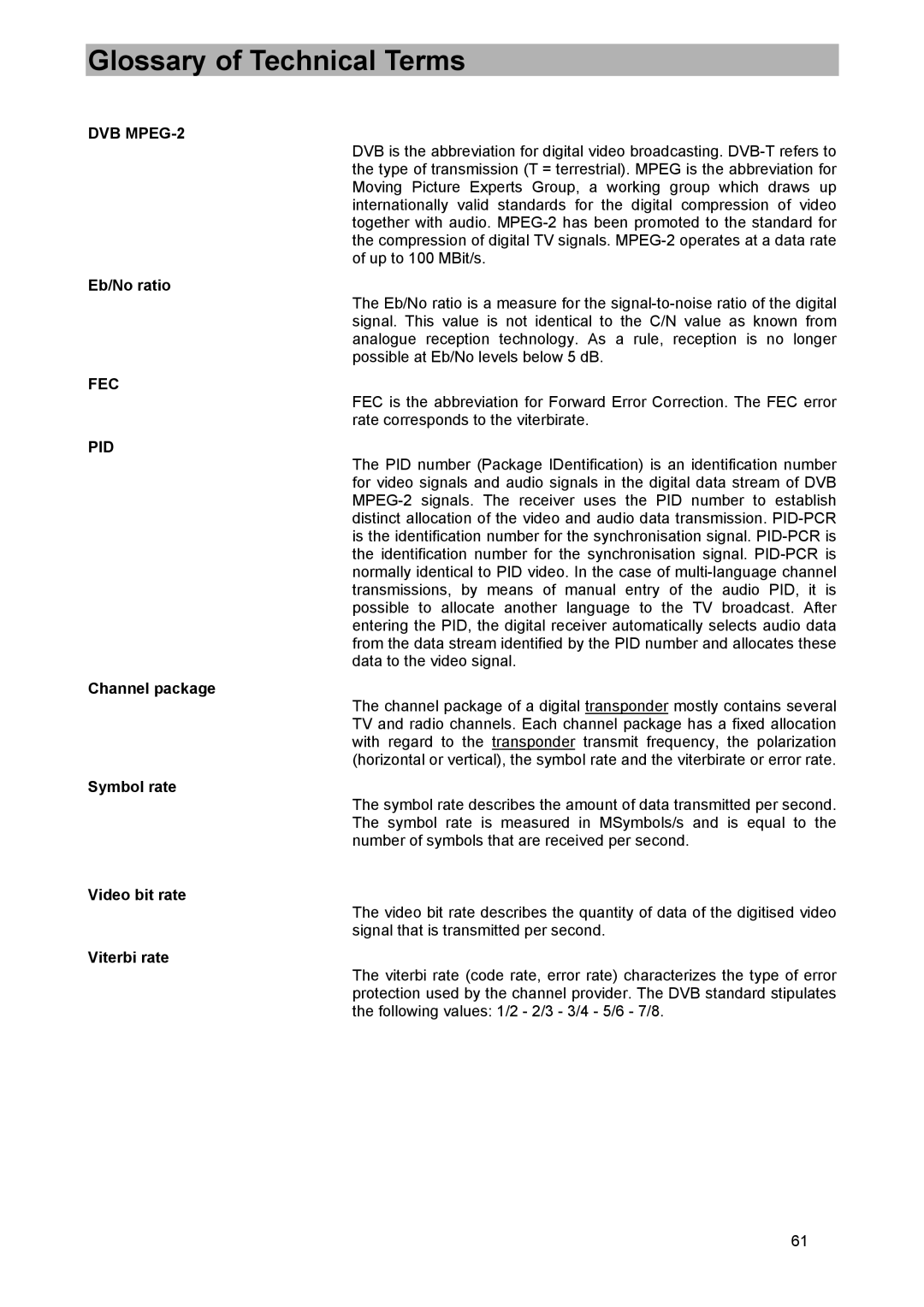 Kathrein UFD 570/S manual Glossary of Technical Terms, DVB MPEG-2 