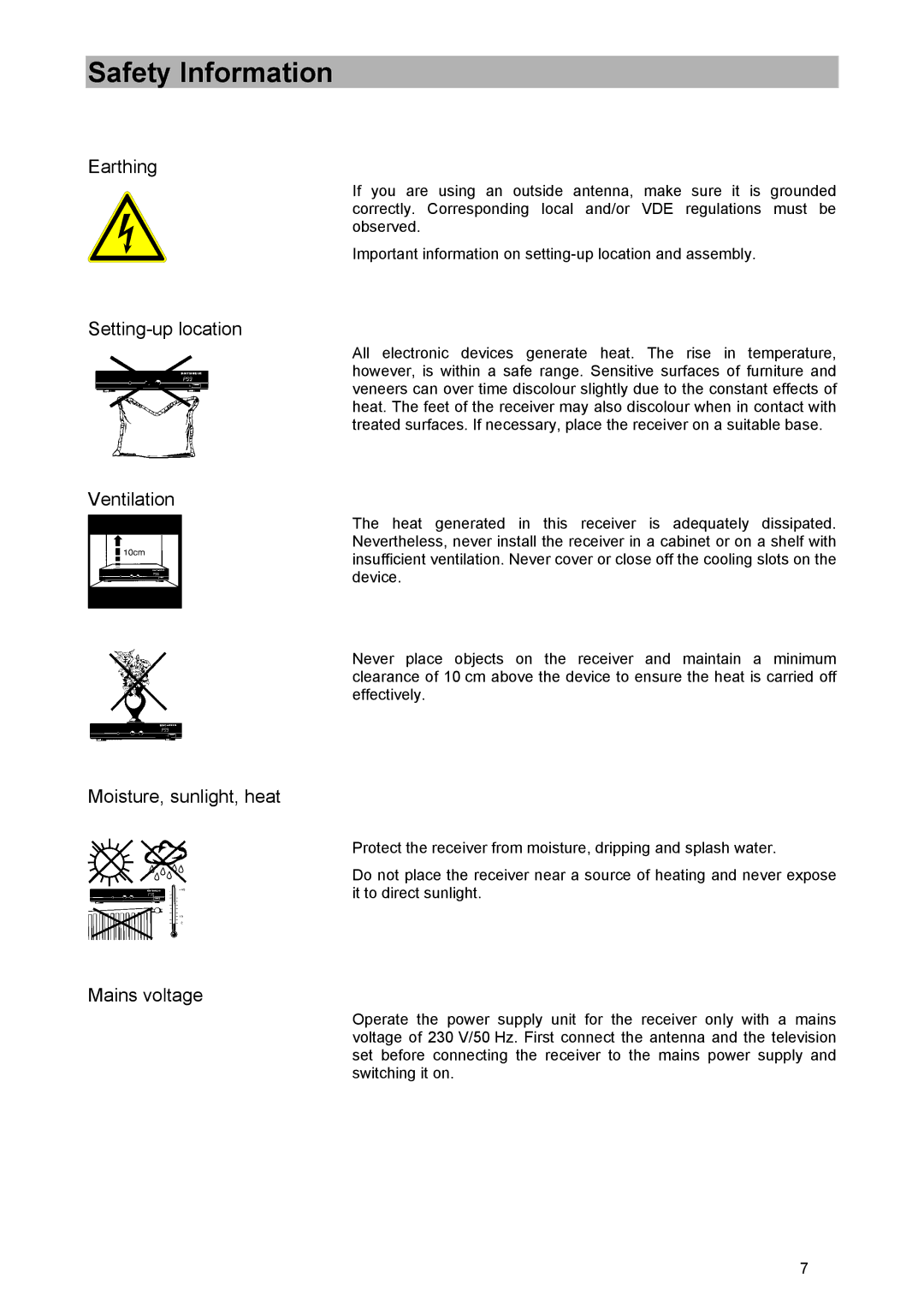 Kathrein UFD 570/S manual Earthing, Setting-up location, Ventilation, Moisture, sunlight, heat, Mains voltage 