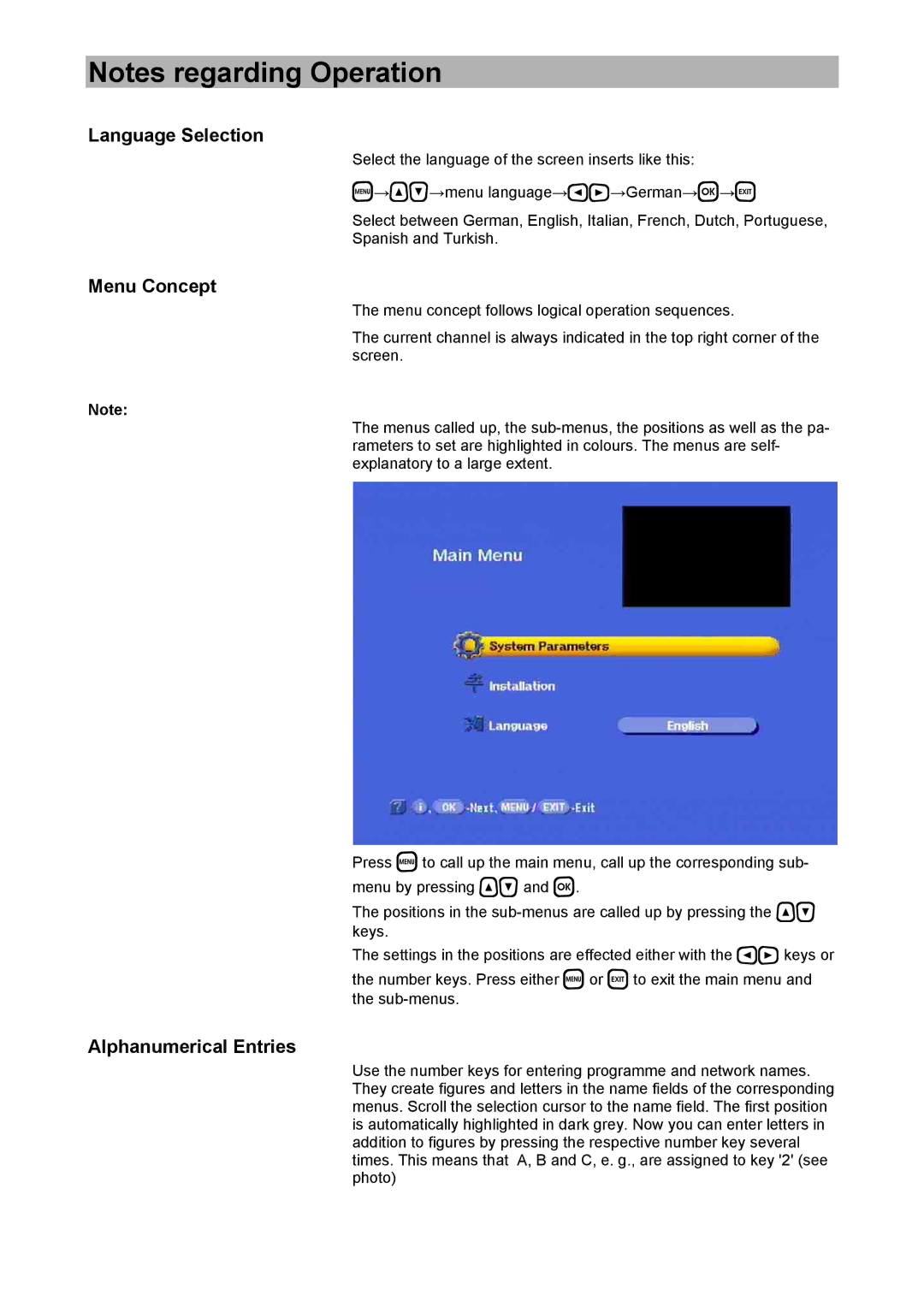 Kathrein UFD 574/S manual Language Selection, Menu Concept, Alphanumerical Entries 