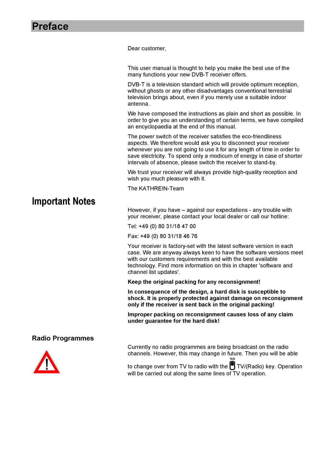 Kathrein UFD 574/S manual Preface, Important Notes, Radio Programmes 