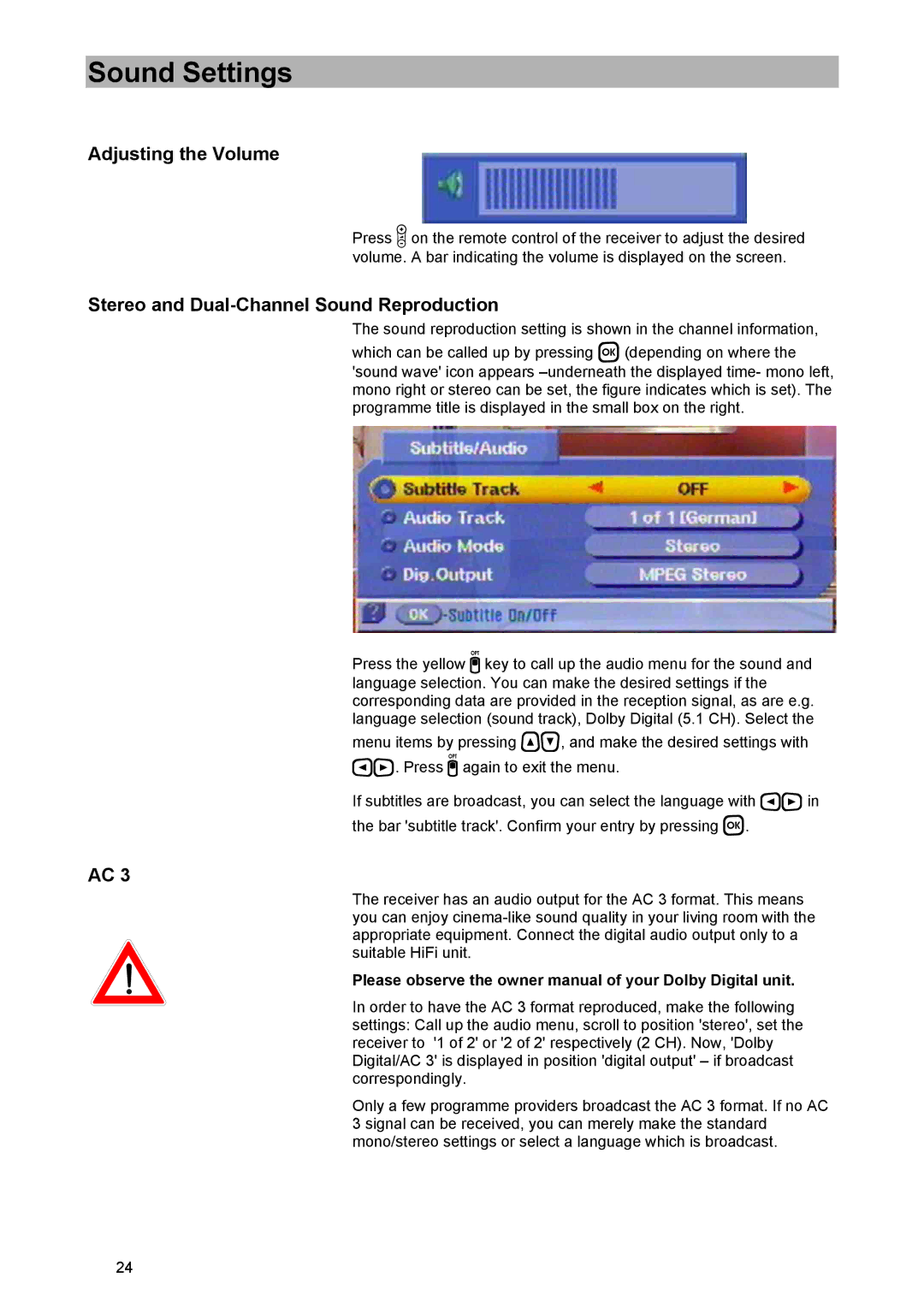 Kathrein UFD 574/S manual Sound Settings, Adjusting the Volume, Stereo and Dual-Channel Sound Reproduction 