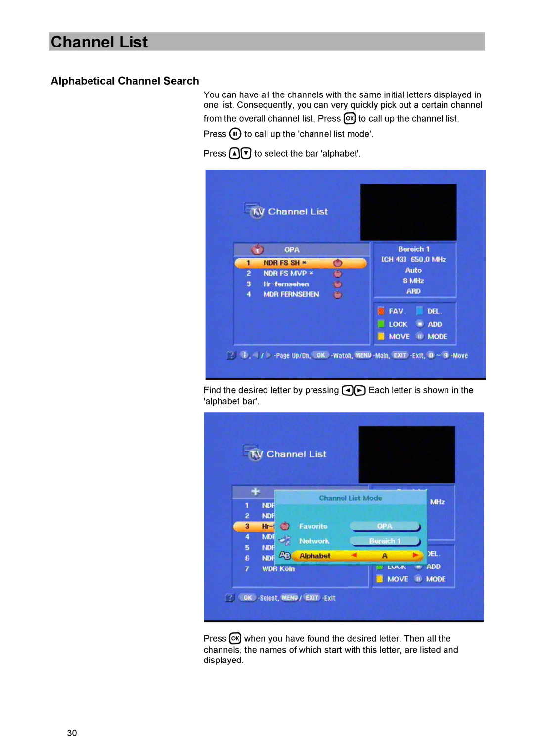 Kathrein UFD 574/S manual Alphabetical Channel Search 