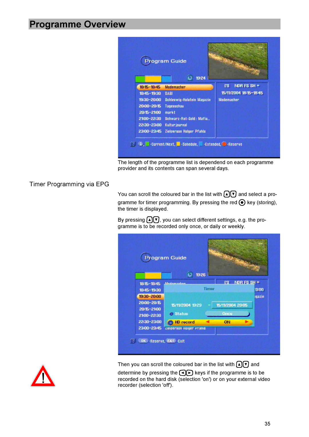 Kathrein UFD 574/S manual Timer Programming via EPG 