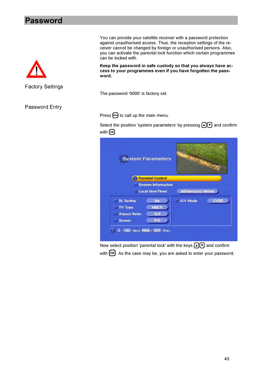 Kathrein UFD 574/S manual Factory Settings, Password Entry 