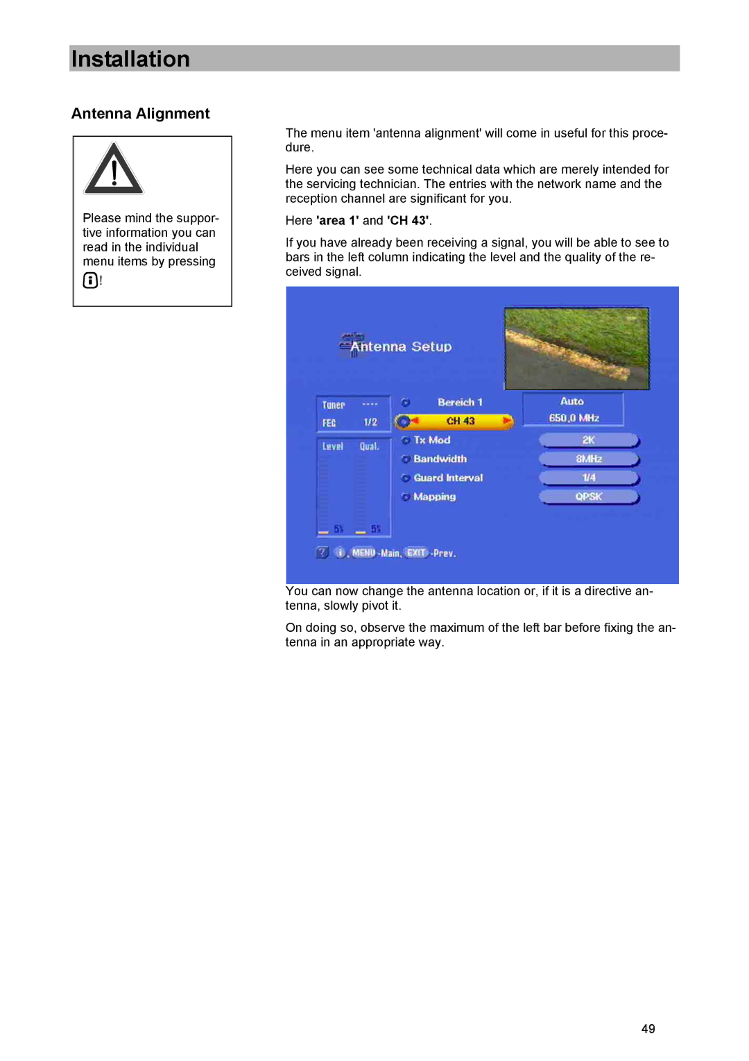 Kathrein UFD 574/S manual Antenna Alignment, Here area 1 and CH 