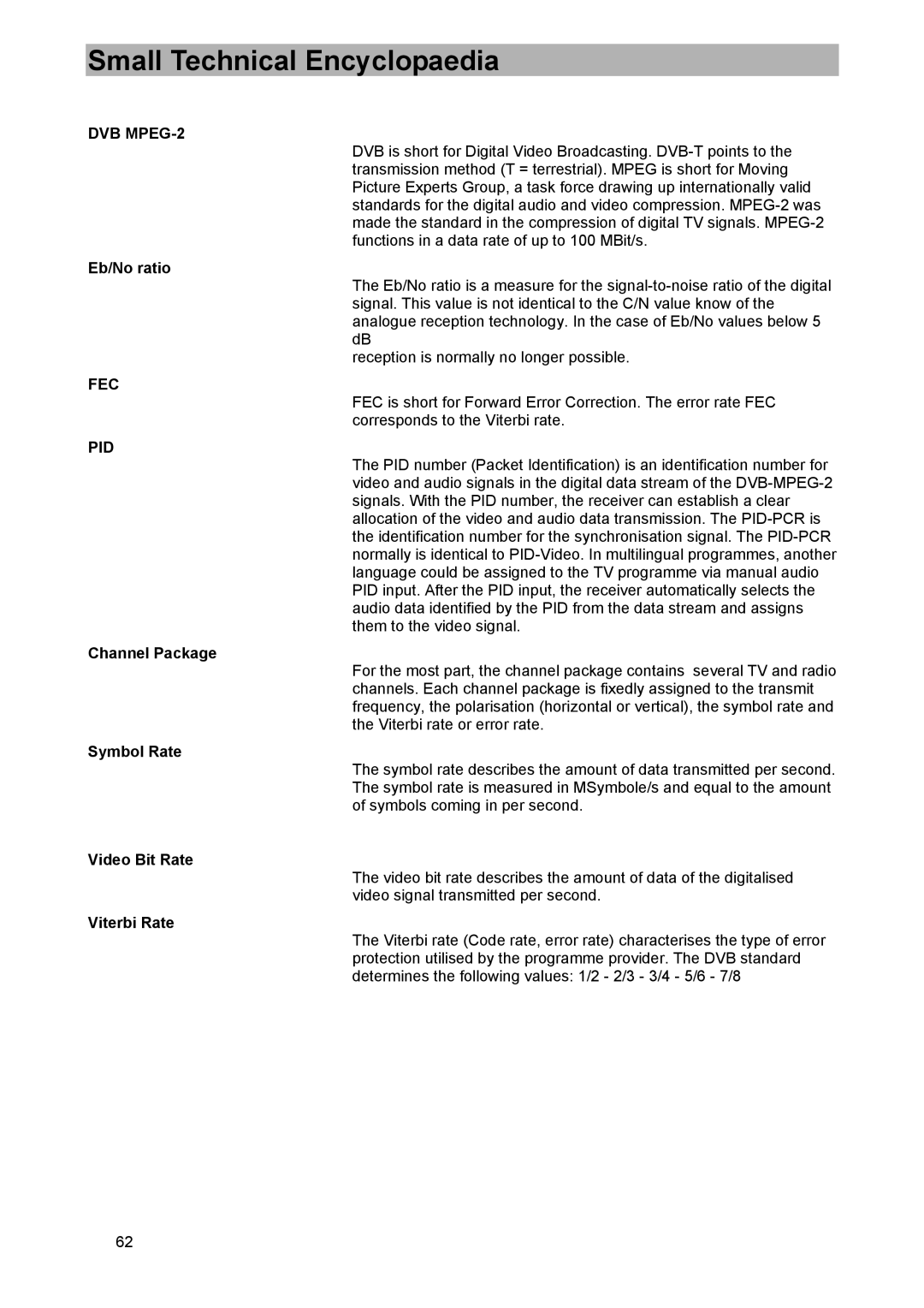 Kathrein UFD 574/S manual Small Technical Encyclopaedia, DVB MPEG-2 