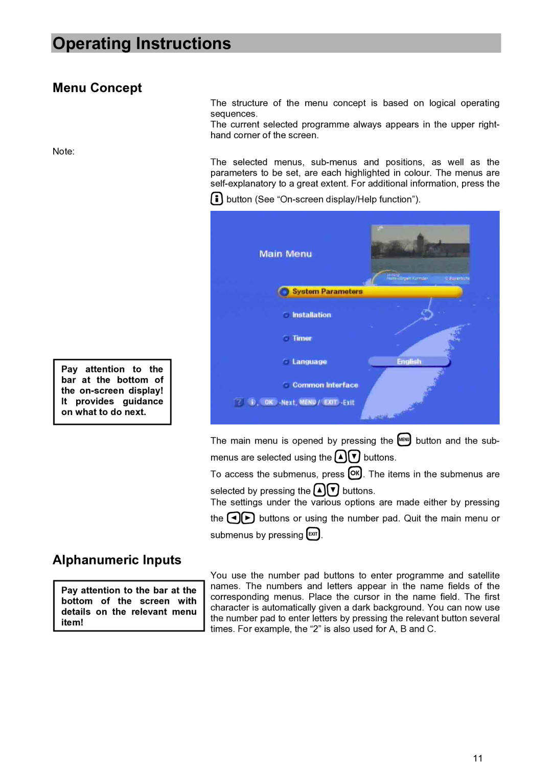 Kathrein UFD 580S manual Operating Instructions, Menu Concept, Alphanumeric Inputs 