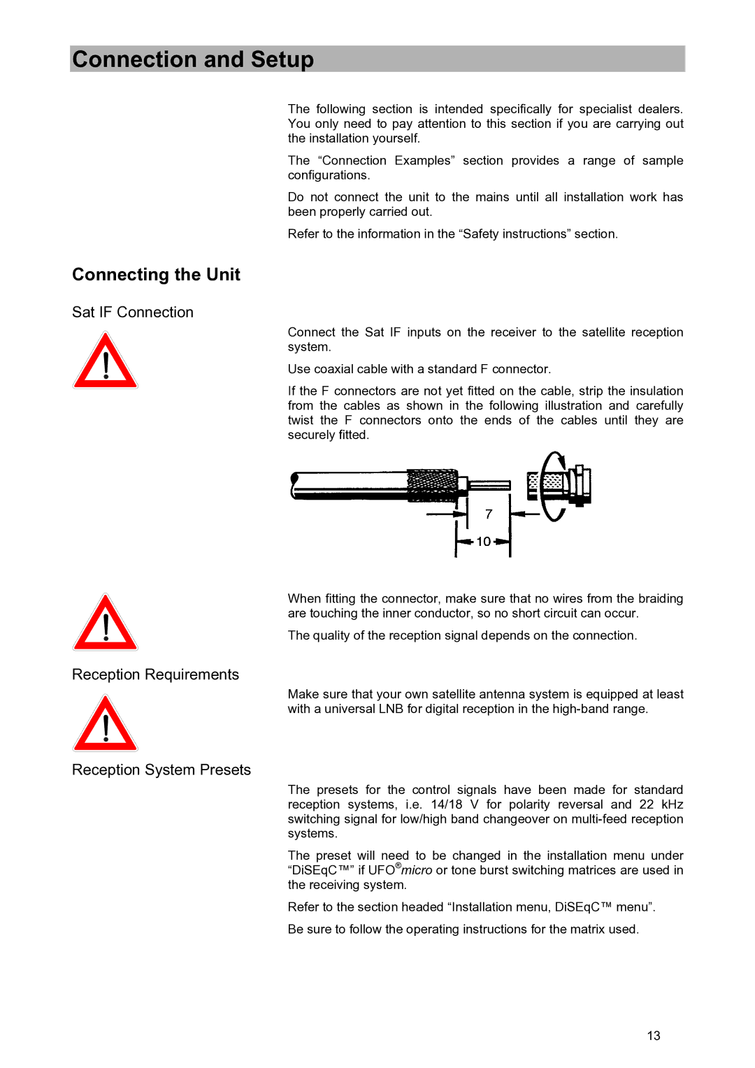 Kathrein UFD 580S manual Connection and Setup, Connecting the Unit, Sat if Connection, Reception Requirements 