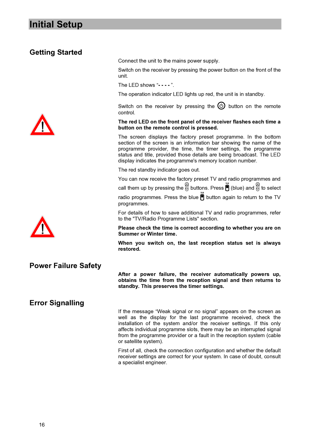 Kathrein UFD 580S manual Initial Setup, Getting Started, Power Failure Safety, Error Signalling 