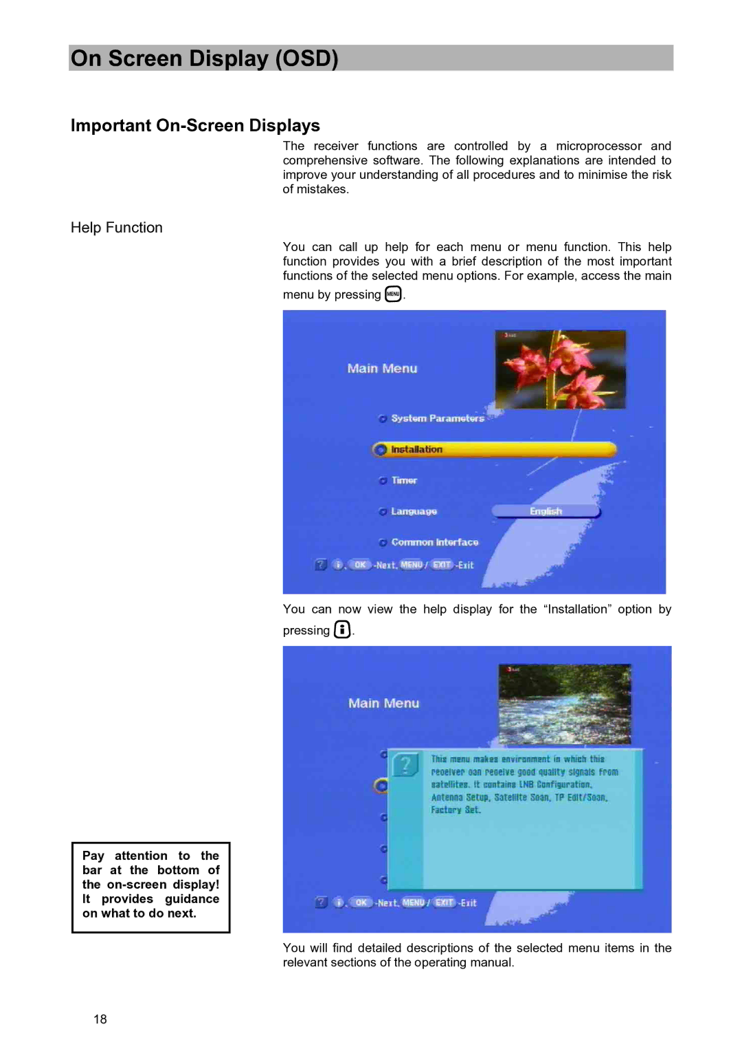 Kathrein UFD 580S manual On Screen Display OSD, Important On-Screen Displays, Help Function 