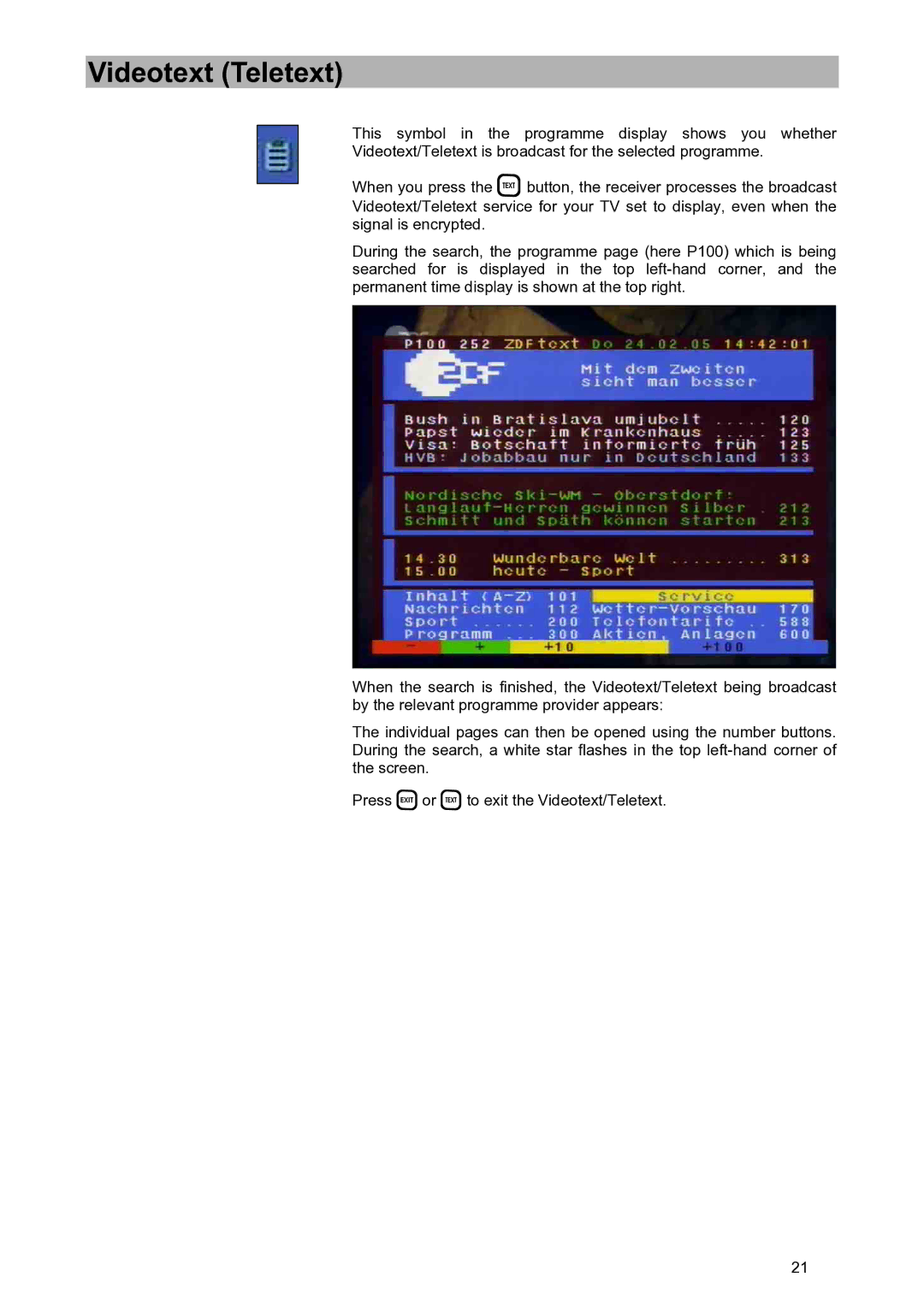 Kathrein UFD 580S manual Videotext Teletext 