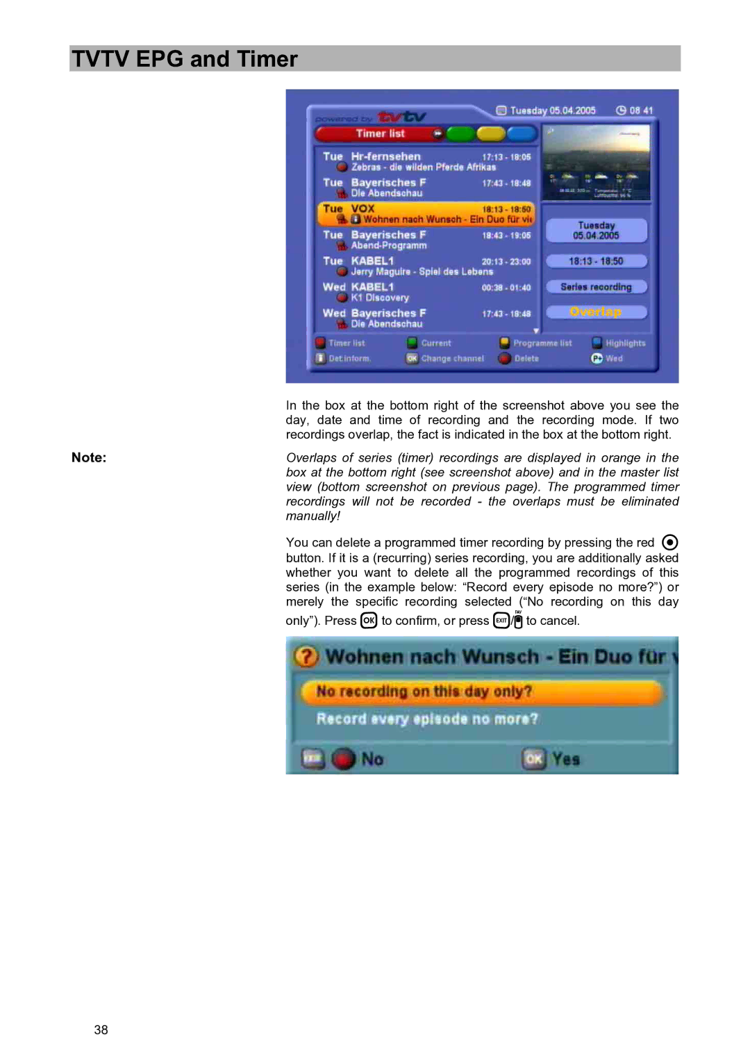 Kathrein UFD 580S manual Overlaps of series timer recordings are displayed in orange 