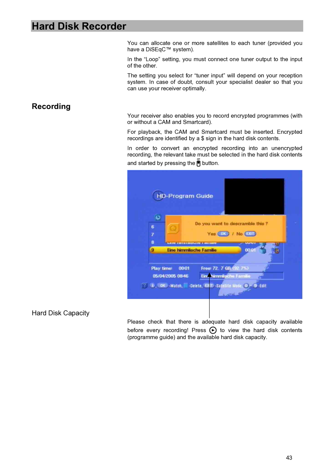 Kathrein UFD 580S manual Recording, Hard Disk Capacity 