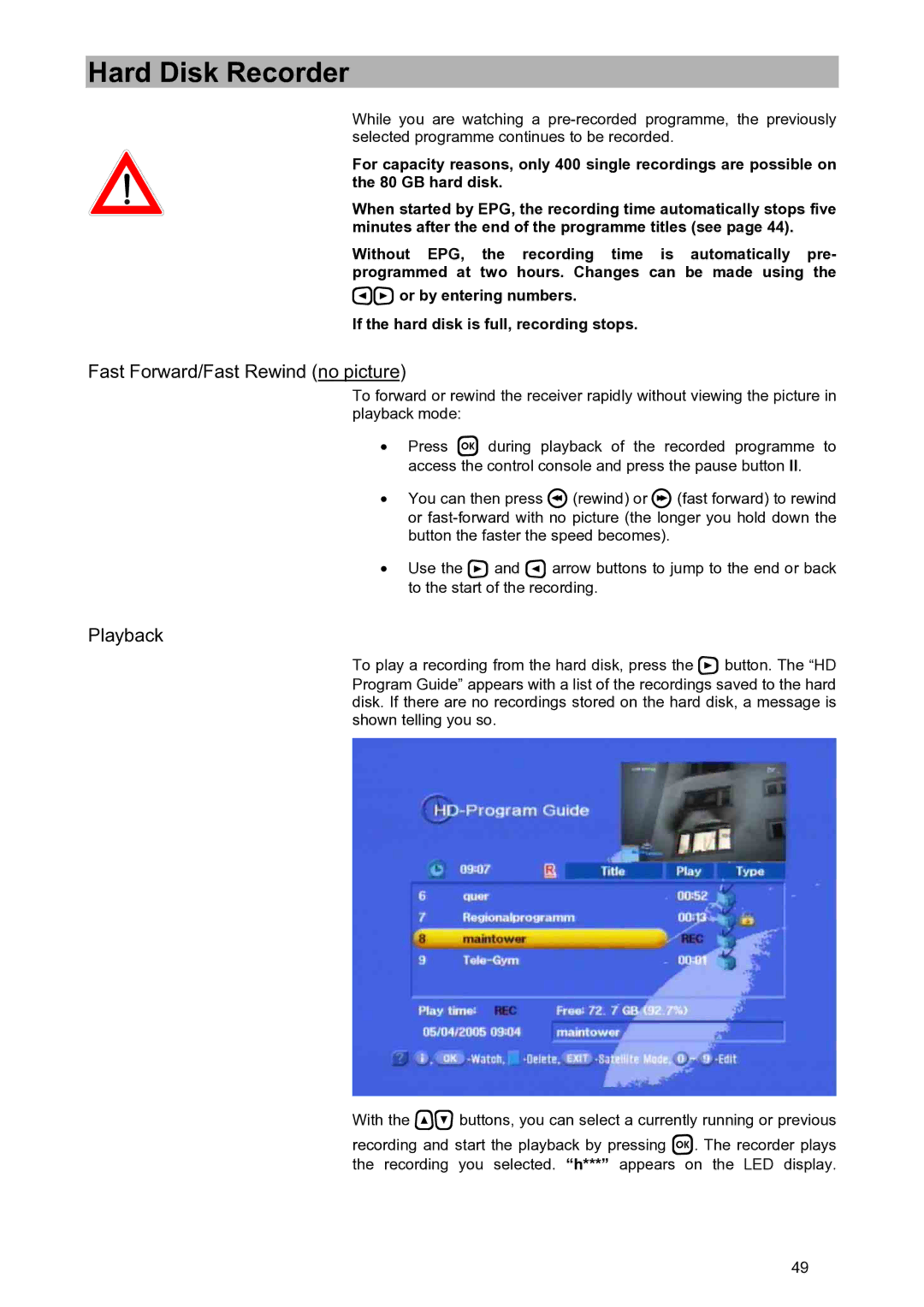 Kathrein UFD 580S manual Fast Forward/Fast Rewind no picture, Playback 