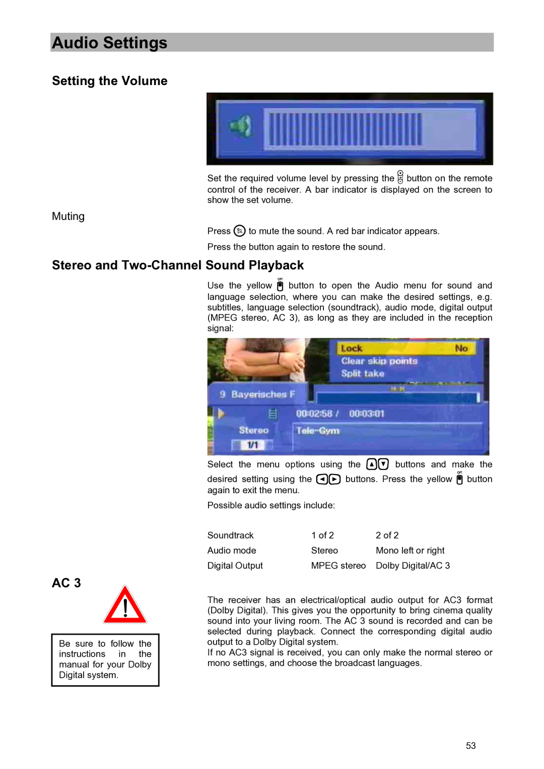 Kathrein UFD 580S manual Audio Settings, Setting the Volume, Stereo and Two-Channel Sound Playback, Muting 