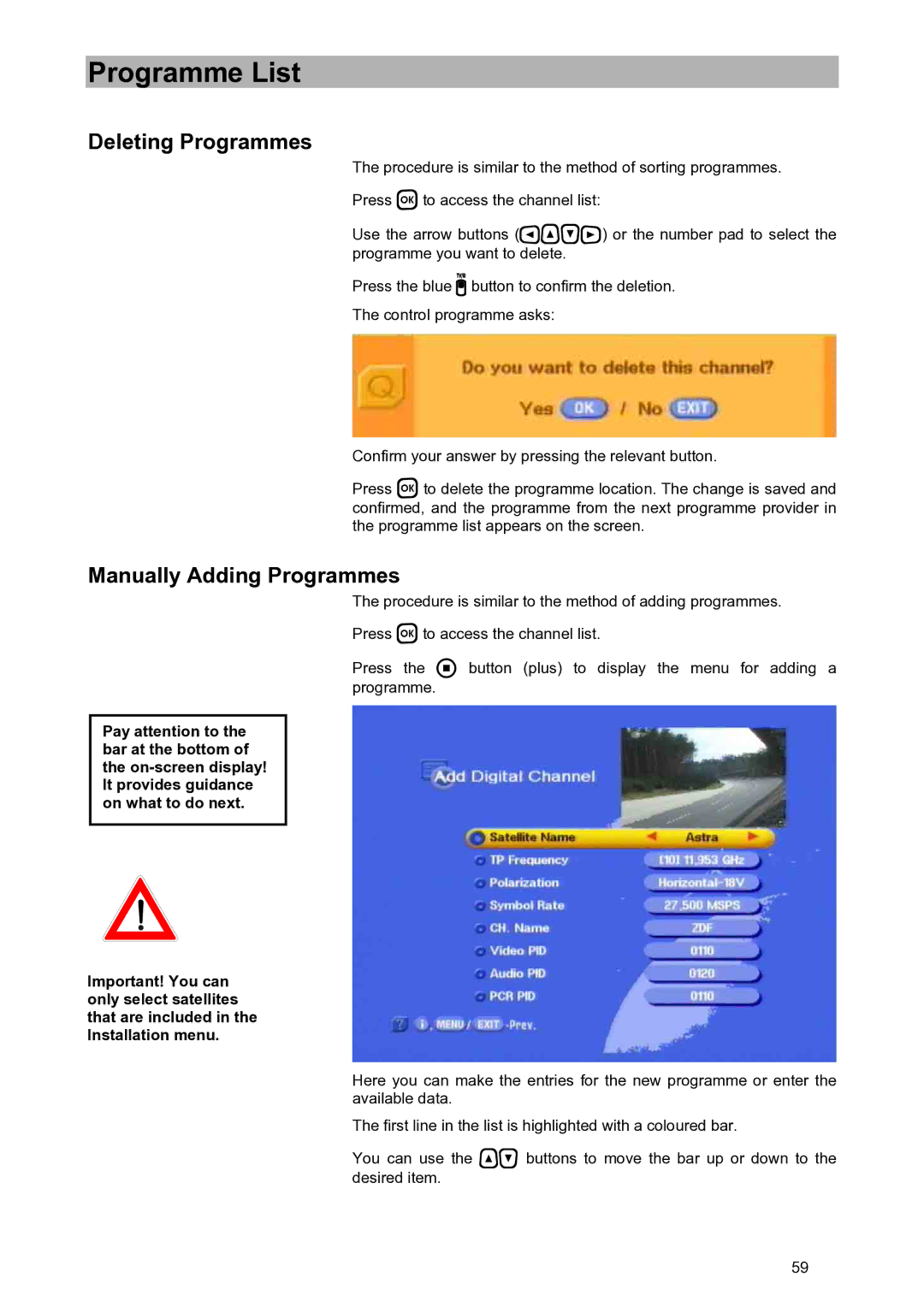 Kathrein UFD 580S manual Deleting Programmes, Manually Adding Programmes 