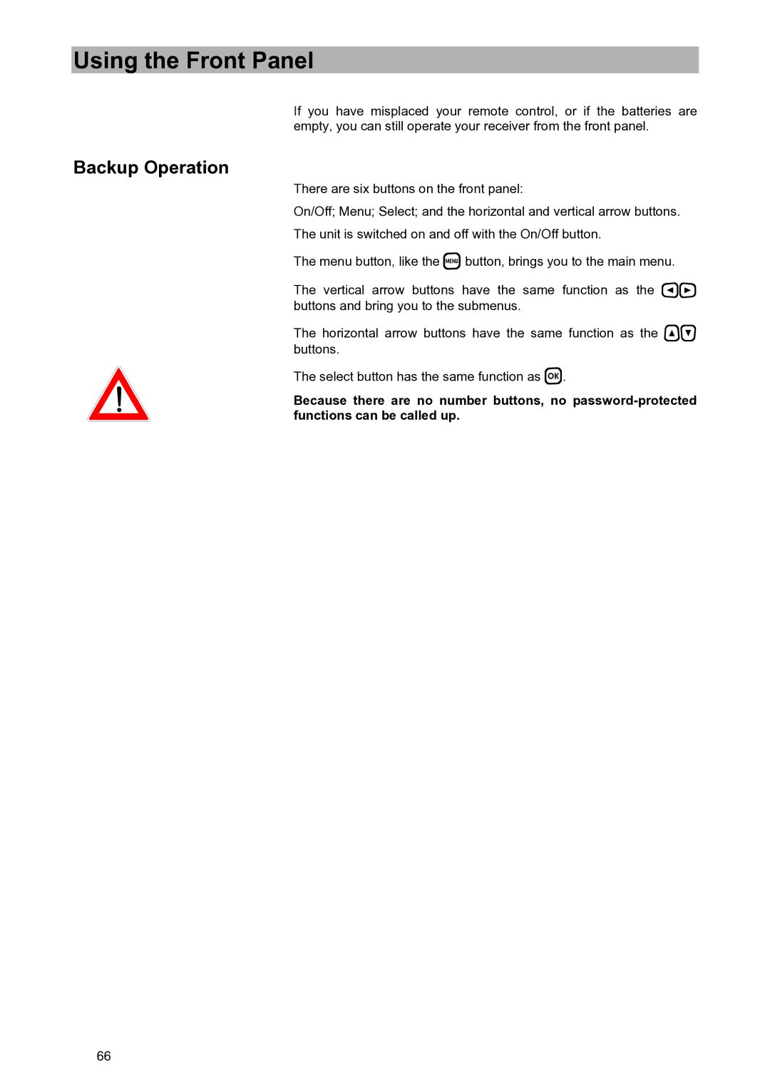 Kathrein UFD 580S manual Using the Front Panel, Backup Operation 