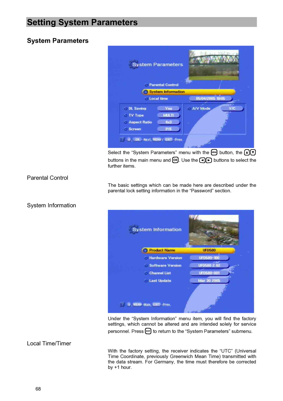 Kathrein UFD 580S manual System Parameters, System Information, Local Time/Timer 