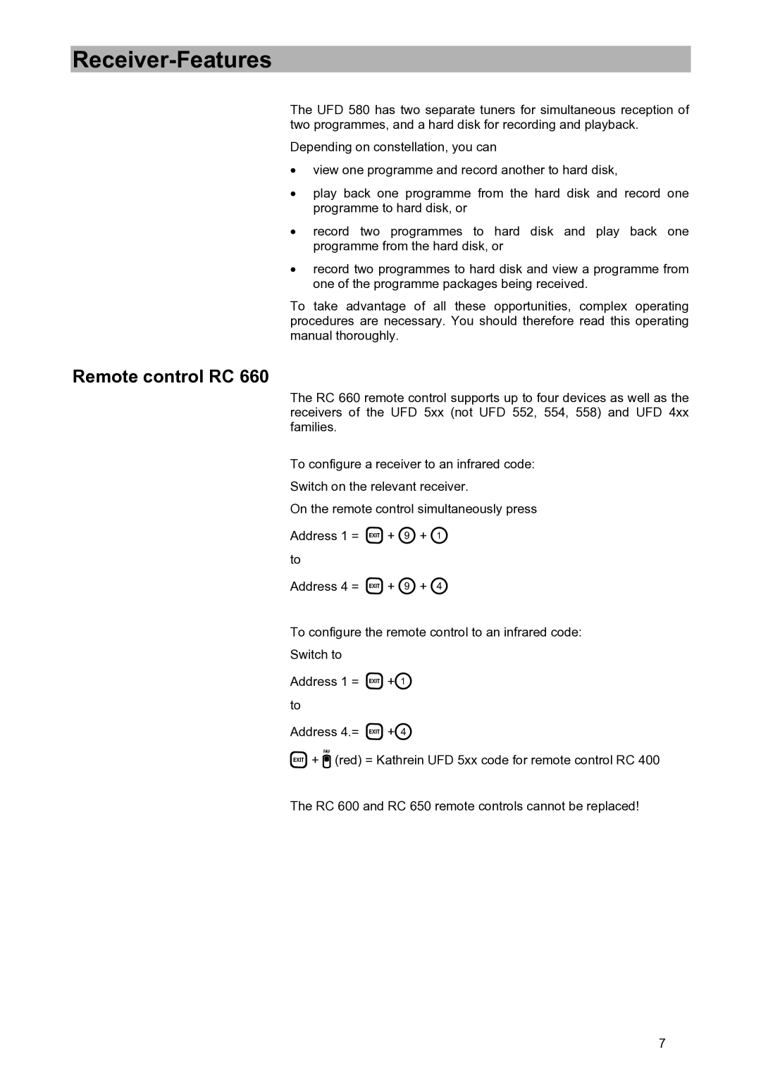 Kathrein UFD 580S manual Receiver-Features, Remote control RC 